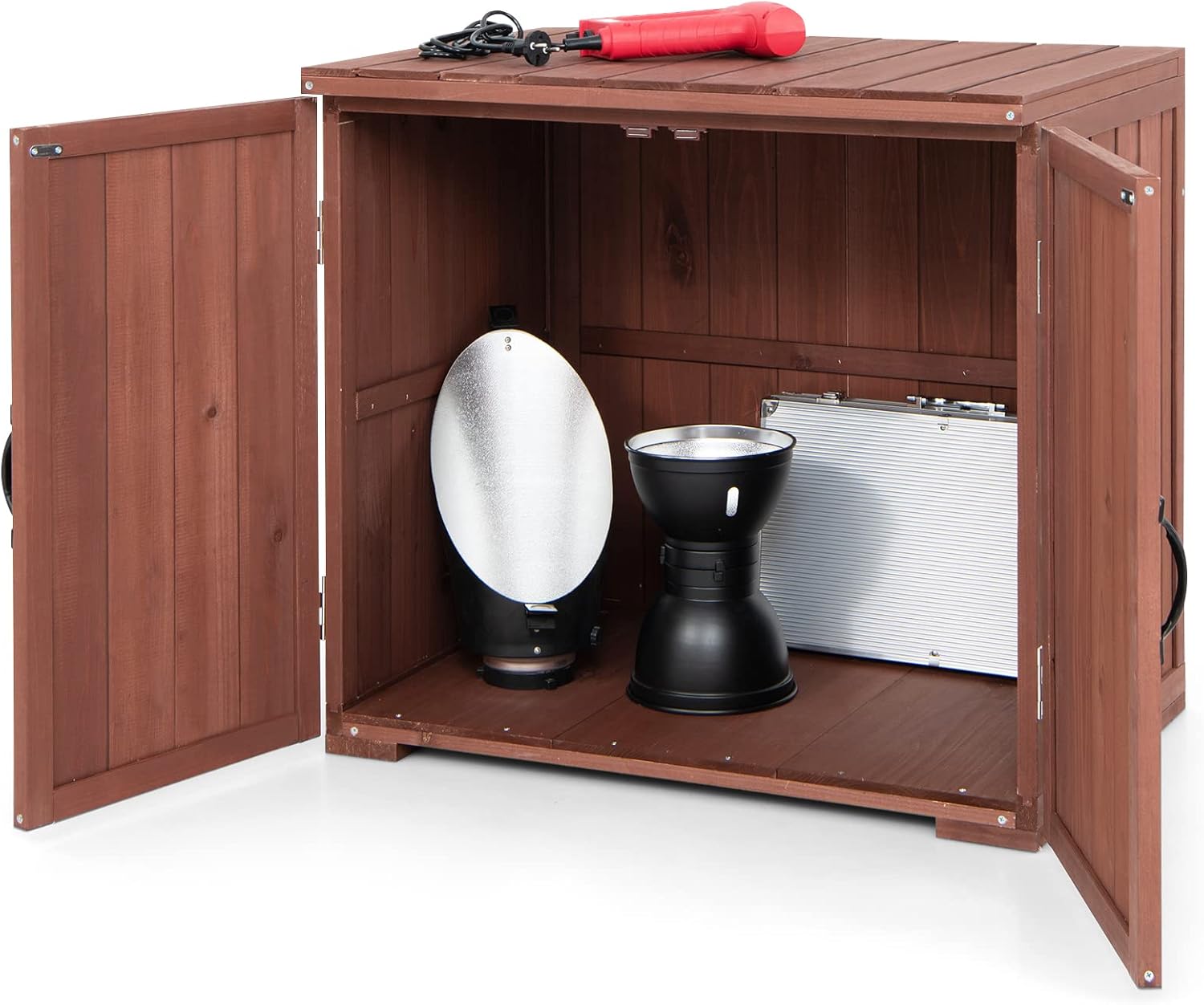 Szafka ogrodowa na narzędzia z drewna świerkowego, z drzwiami z zamknięciem magnetycznym i metalową klamką, 77 x 56 x 72 cm