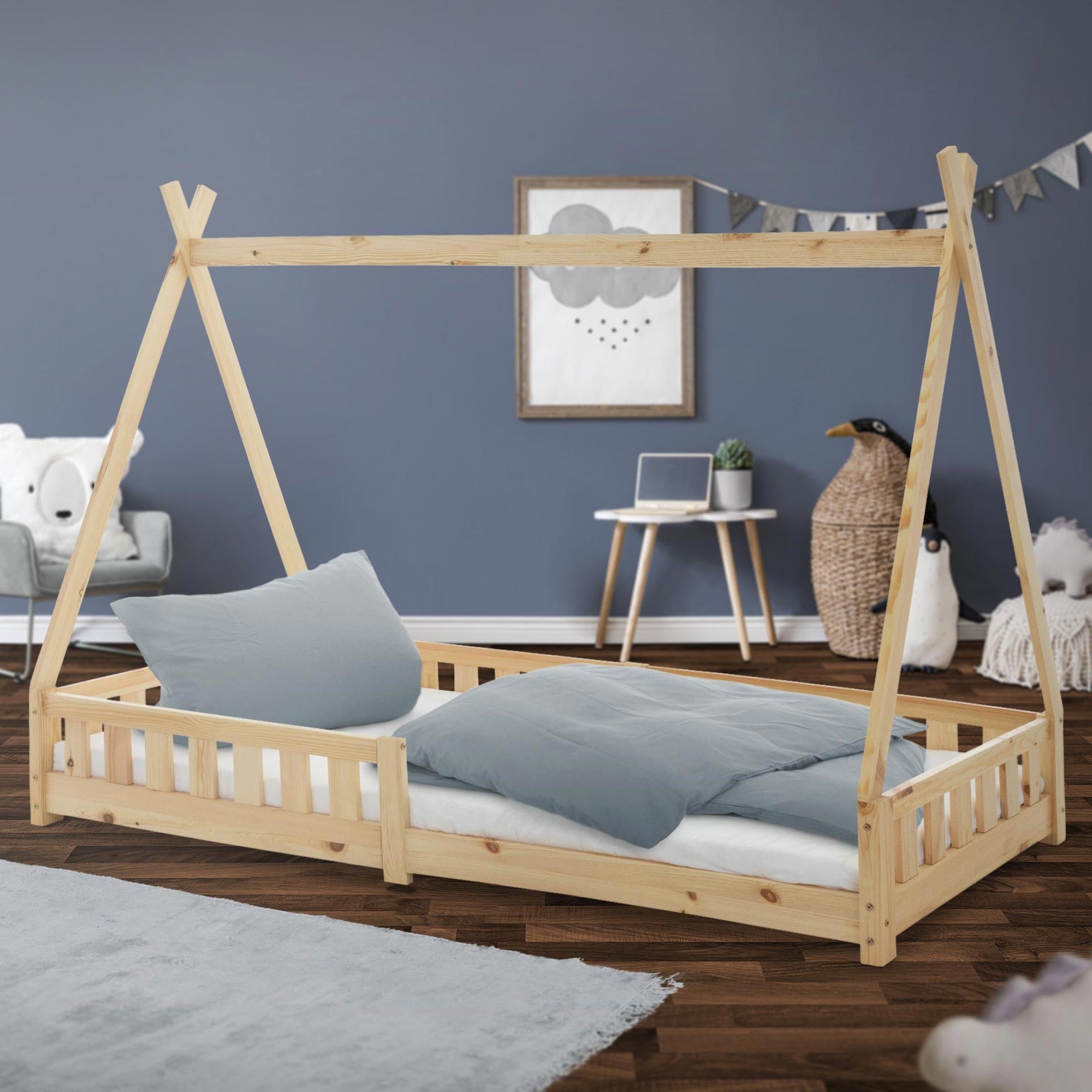 ML-Design łóżko tipi 90x200 cm naturalne pat indian z barierką i stelażem z listew wykonane z litego drewna sosnowego dla dziewczynek i chłopców