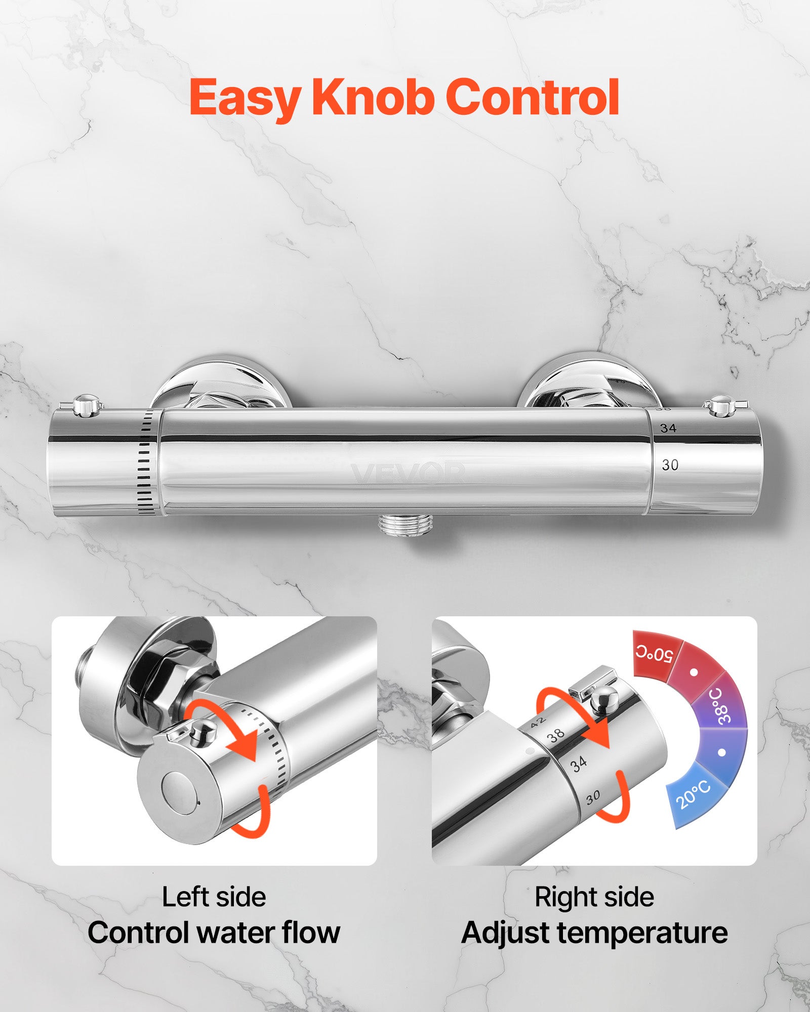 Mitigeur thermostatique douche, VEVOR verrouillage sécurité 38°C, contrôle température eau chaude/froide, laiton massif, système équilibrage pression - 5