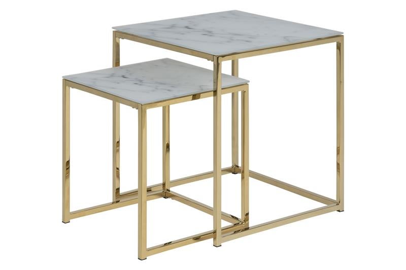 Almaz stoliki wsuwane 2 szt. ze szkła z białym nadrukiem marmurowym i nogami w złotym chromie.