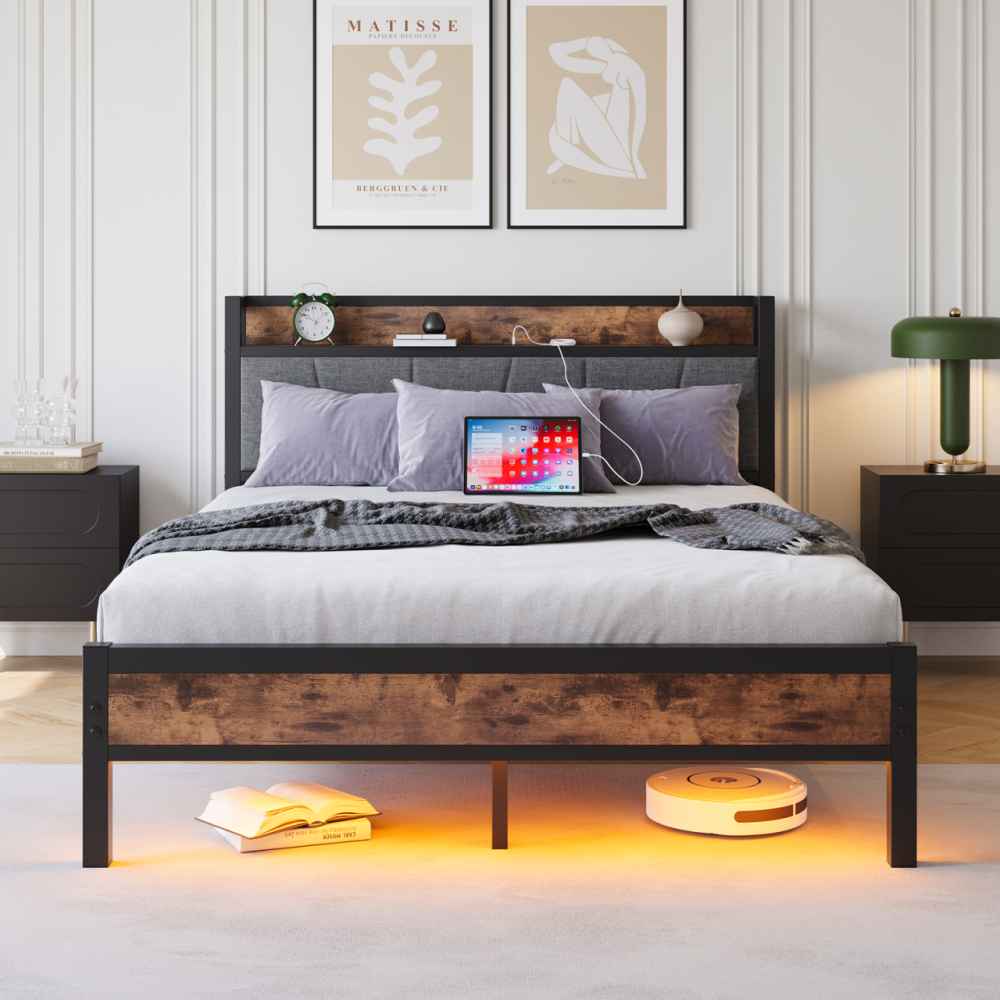 Rama łóżka 120×200 cm z inteligentnymi diodami LED, schowkiem i portami USB – solidna metalowa konstrukcja, cicha praca i łatwy montaż - 2
