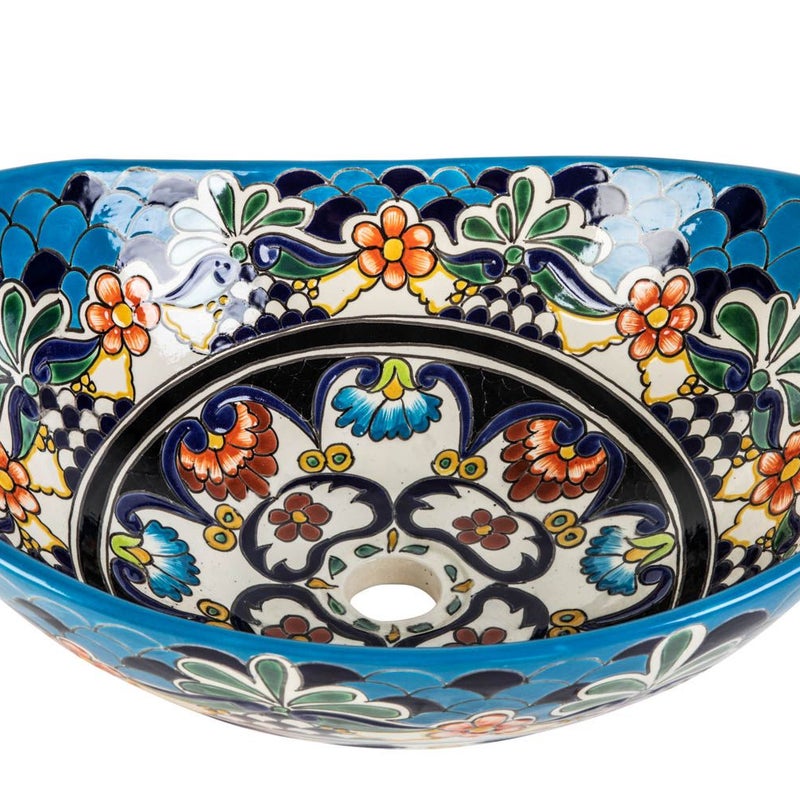 Meksykańska ceramiczna umywalka nablatowa z reliefem La Reina Prima – owalna umywalka meksykańska 46 x 38 x 15 cm | Zlew nablatowy Talavera