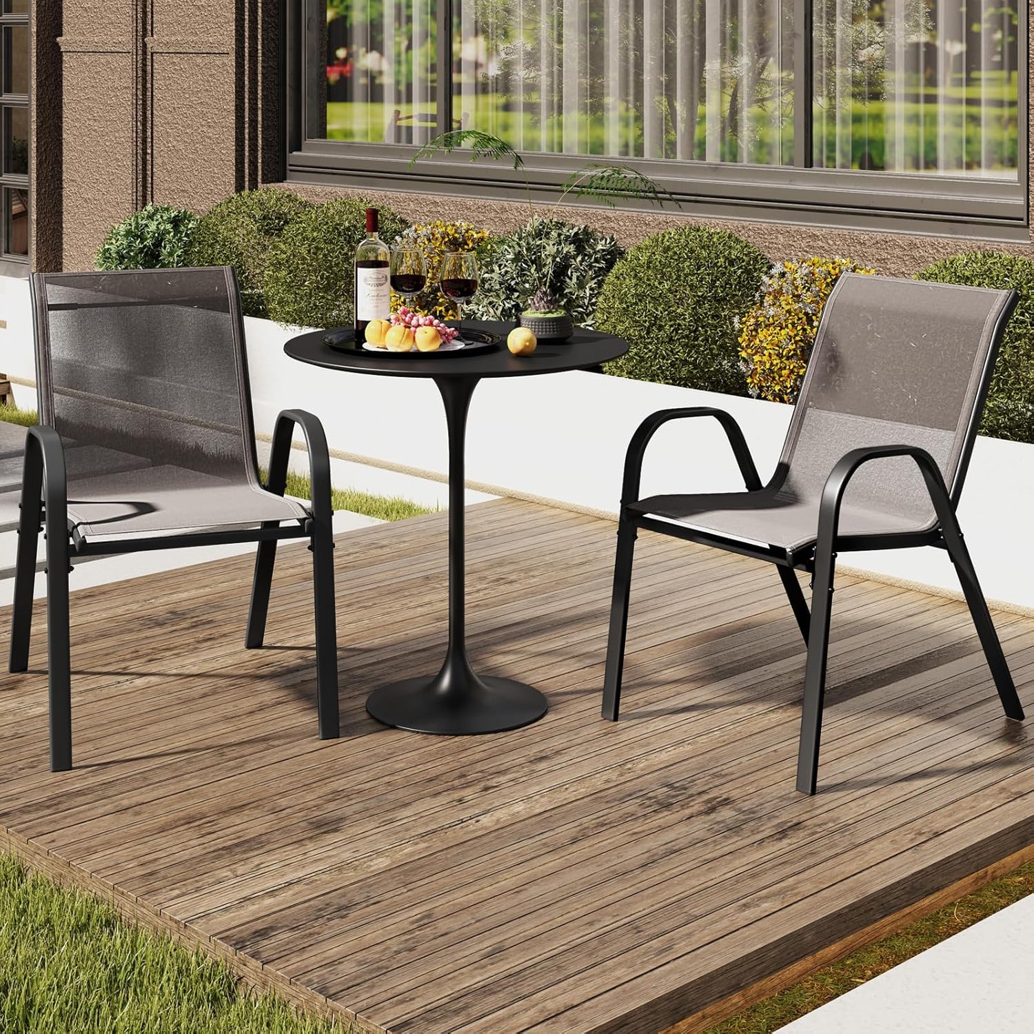 Lot de 4 Chaises de Jardin Extérieur Métal et Textilène, Fauteuil de Jardin Empilable avec Accoudoirs et Dossier, 56x70x84cm, Charge 150kg, Gris - 6