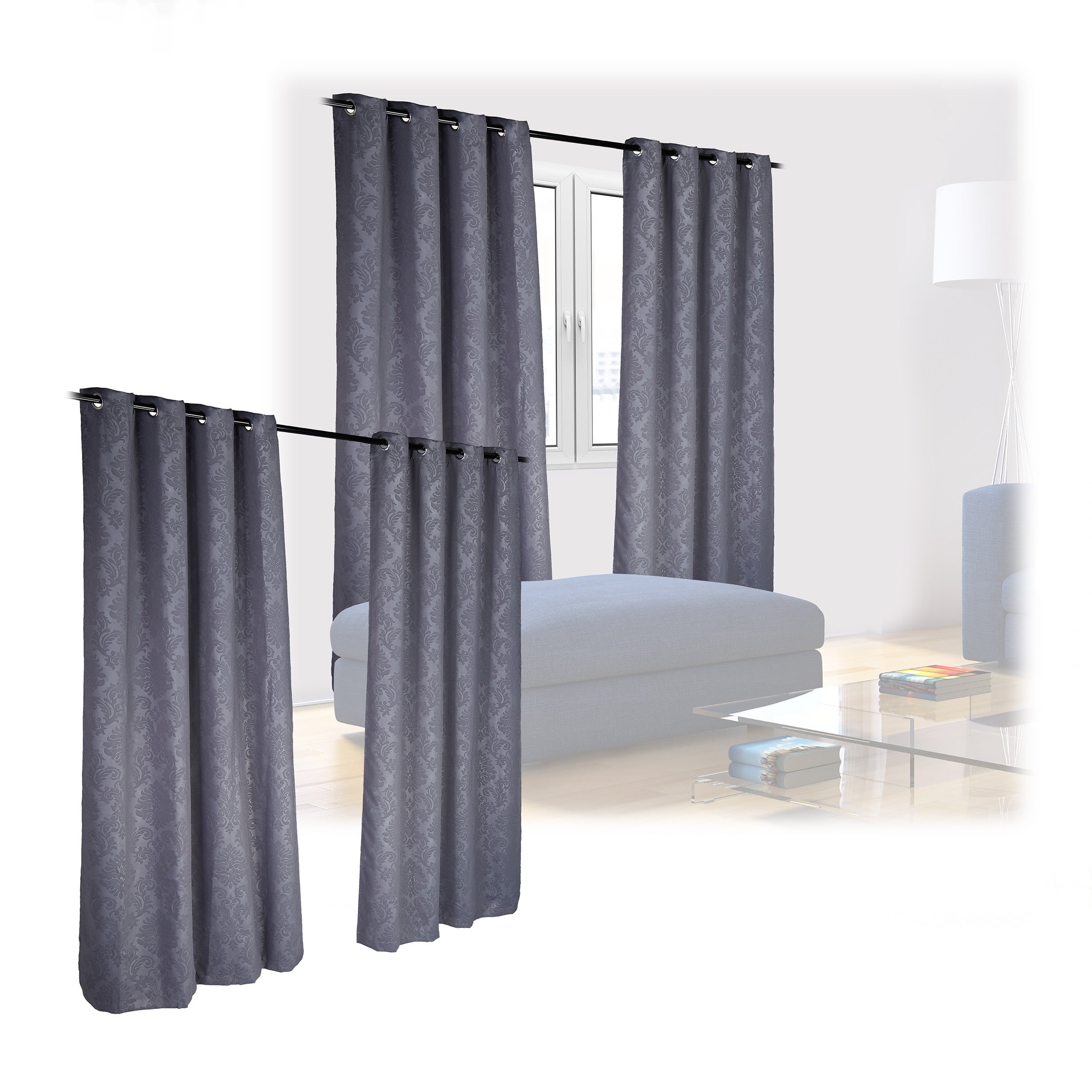 Set de 4 cortinas, opacas y oscuras, sobrecortinas para control de luz estampadas, oscurecedoras, 245x135 cm, gris