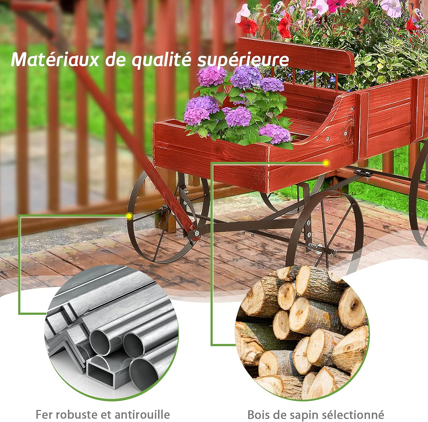 Brouette décorative avec 2 compartiments à planter roues métalliques poignée charge 15kg rouge - 7