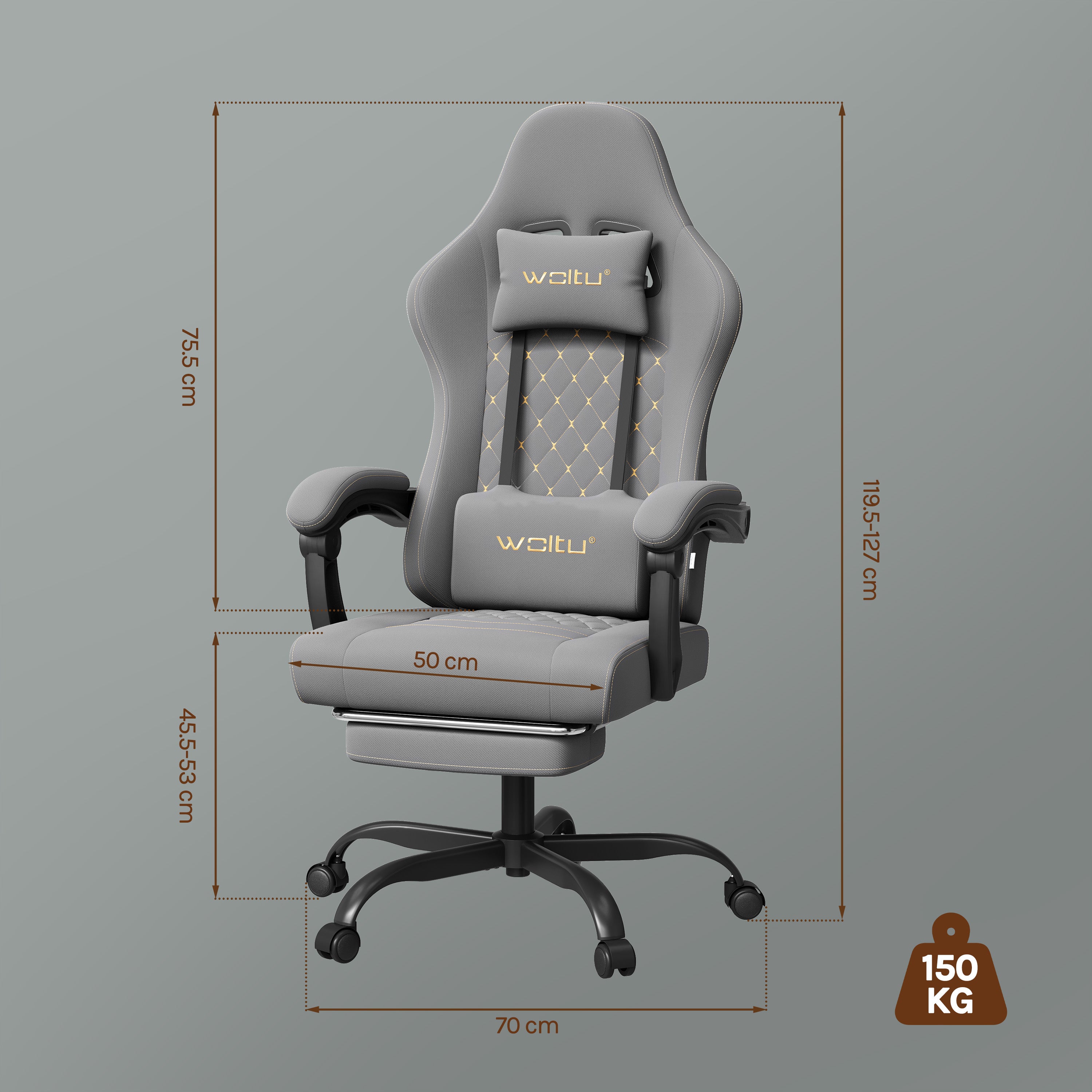 WOLTU Chaise Gaming Massante，Fauteuil Gamer，Chaise Ergonomique，Appui-tête，Repose-Pieds，Charge 150kg，Tissu Maille，Gris+Jaune - 4