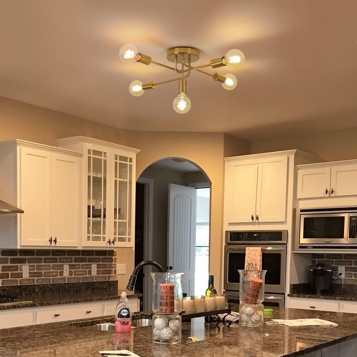 COMELY Plafoniera industriale,Lampadario vintage a 5 luci,Lampada a sospensione in metallo, plafoniera con attacco E27 per soggiorno (senza lampadine) - 4