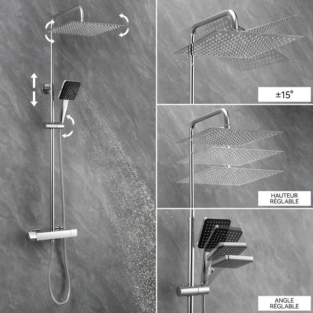 Colonne de Douche Thermostatique,avec tête de douche 30*30CM,Pommeau Douche 6 Jets,Réglable en Hauteur,Douche Set avec Mitigeur,chromé