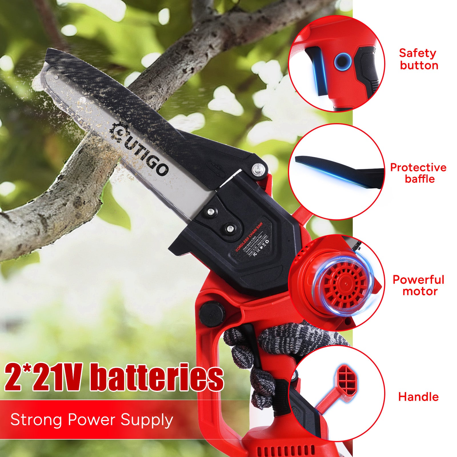 OUTIGO Mini motoseghe - Motosega - Motosega a batteria da 8 pollici - 2 batterie da 3000 mAh - Lubrificazione automatica della catena - 3