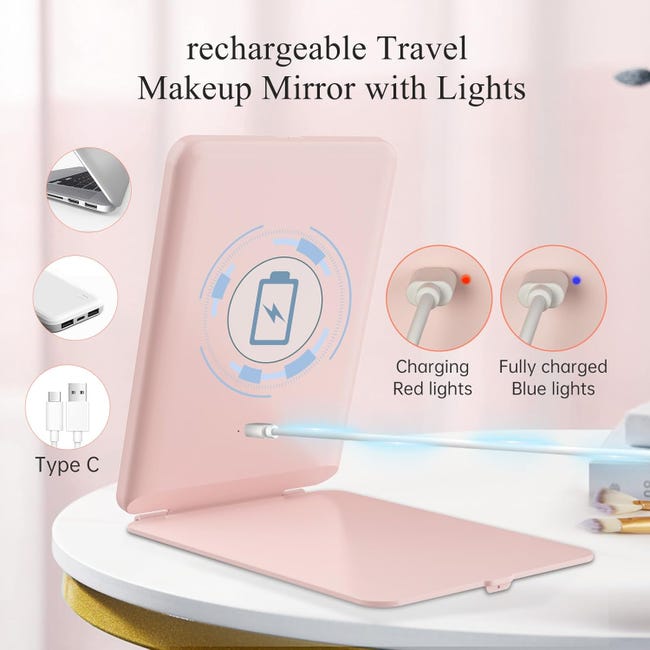 Espejo de maquillaje de viaje plegable y recargable, con iluminación tricolor y pantalla táctil regulable, color rosa. - 2