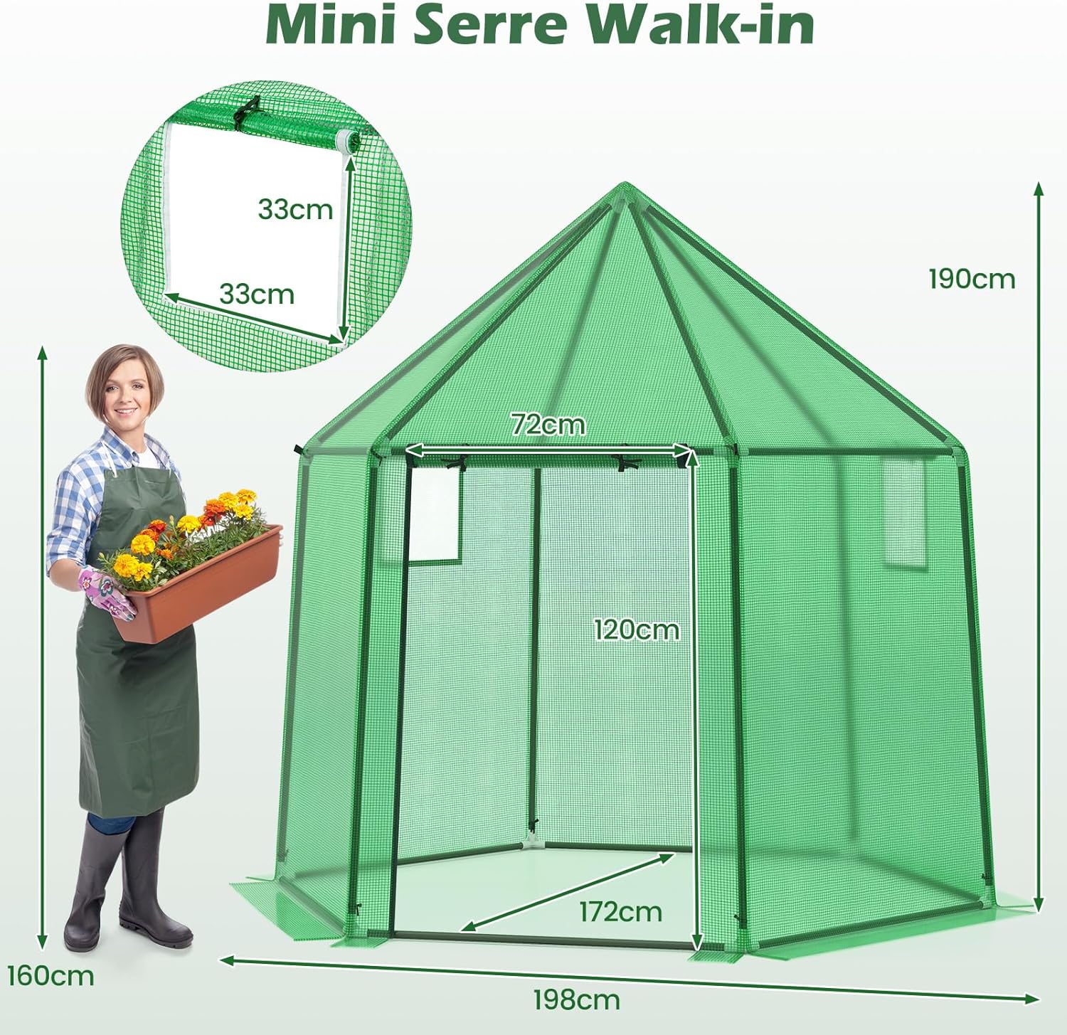 Serre de Jardin Extérieure avec Couverture en PE, Serre d'Extérieur Portable avec Structure en Métal Revêtu de PE Antirouille, 198 x 172 x 190 cm - 3