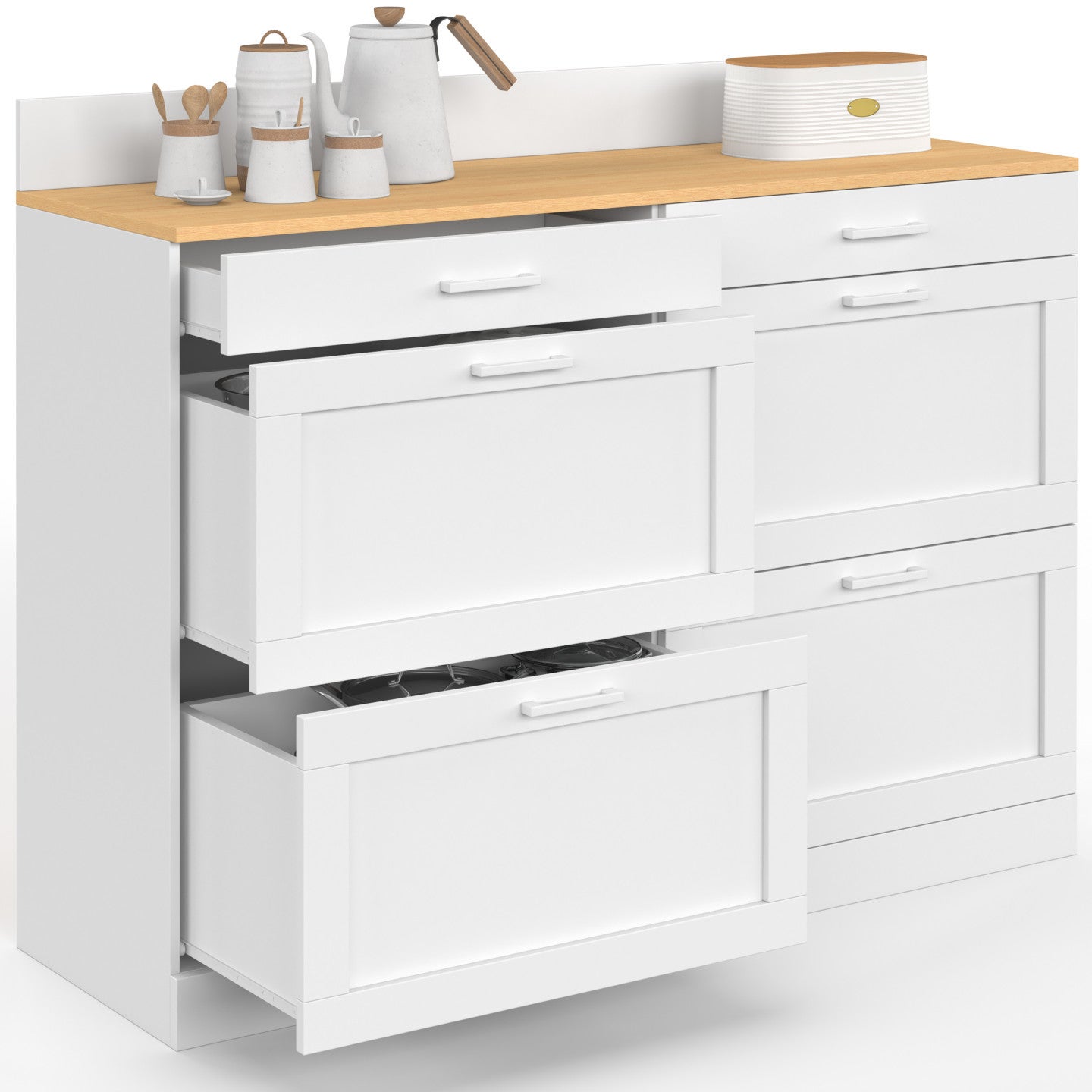 Buffet bas de cuisine 120 cm casserolier VITO plan de travail H.83 cm 6 tiroirs blanc et plateau façon hêtre - 2