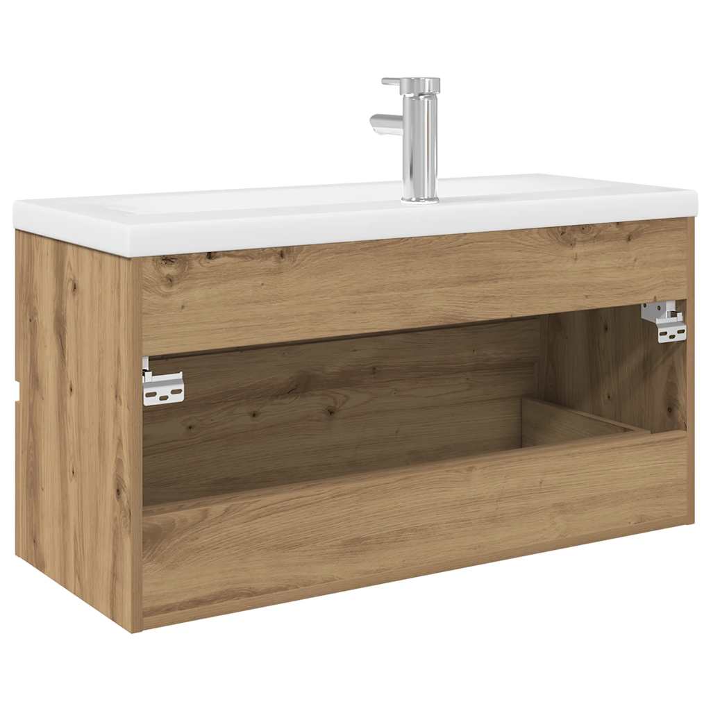 Meuble sous vasque suspendu 90 cm chêne artisanal lavabo céramique avec robinet rangement salle de bain mural – ComfortXL - 8