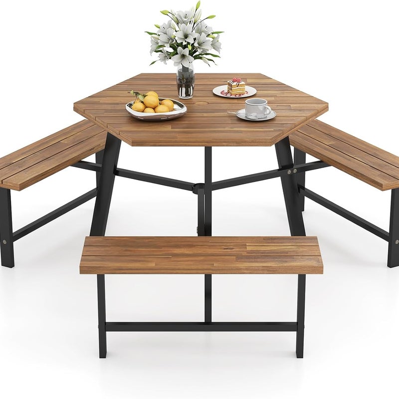 Stół Piknikowy Ogrodowy z Drewna Akacjowego FSC dla 6 Osób z 3 Wbudowanymi Ławkami, Meble Ogrodowe, Sześciokątny Stół i Ławka