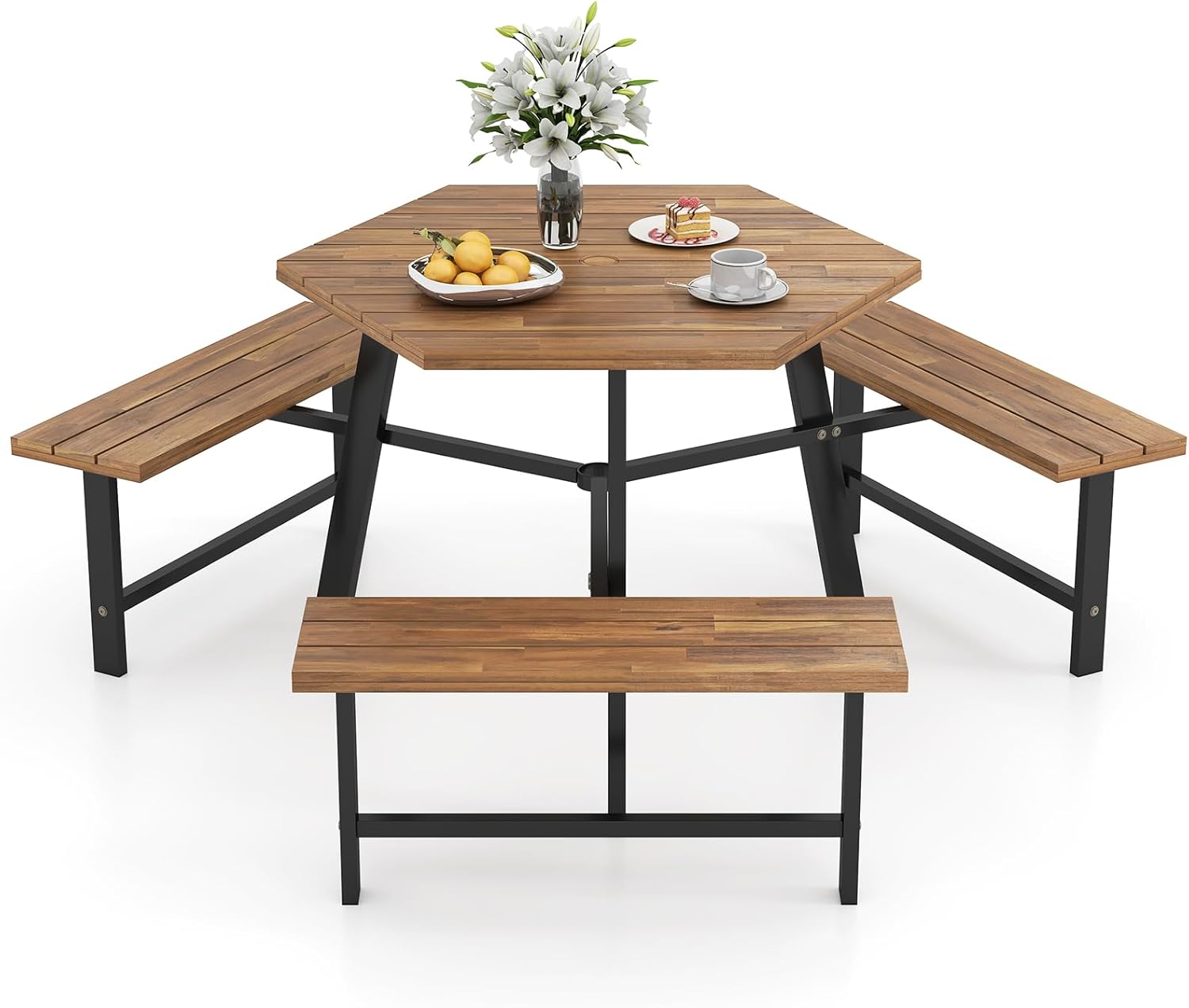 Stół Piknikowy Ogrodowy z Drewna Akacjowego FSC dla 6 Osób z 3 Wbudowanymi Ławkami, Meble Ogrodowe, Sześciokątny Stół i Ławka