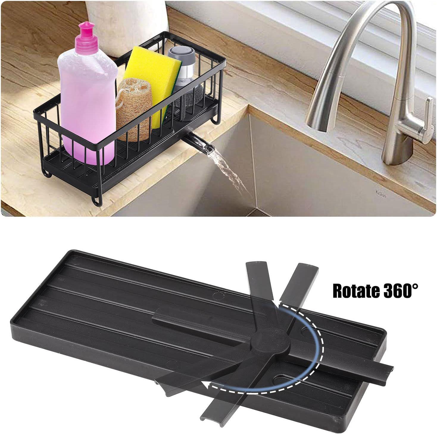 Support d'évier de cuisine, organisateur d'évier avec séparateur pivotant, distributeur de savon, porte-brosse noir - 7