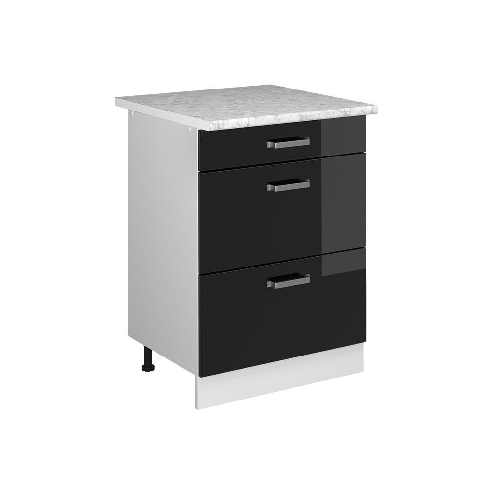 Vicco Szafka dolna do kuchni R-Line, Czarny wysoki połysk, 60 cm z szufladami BR Marmur
