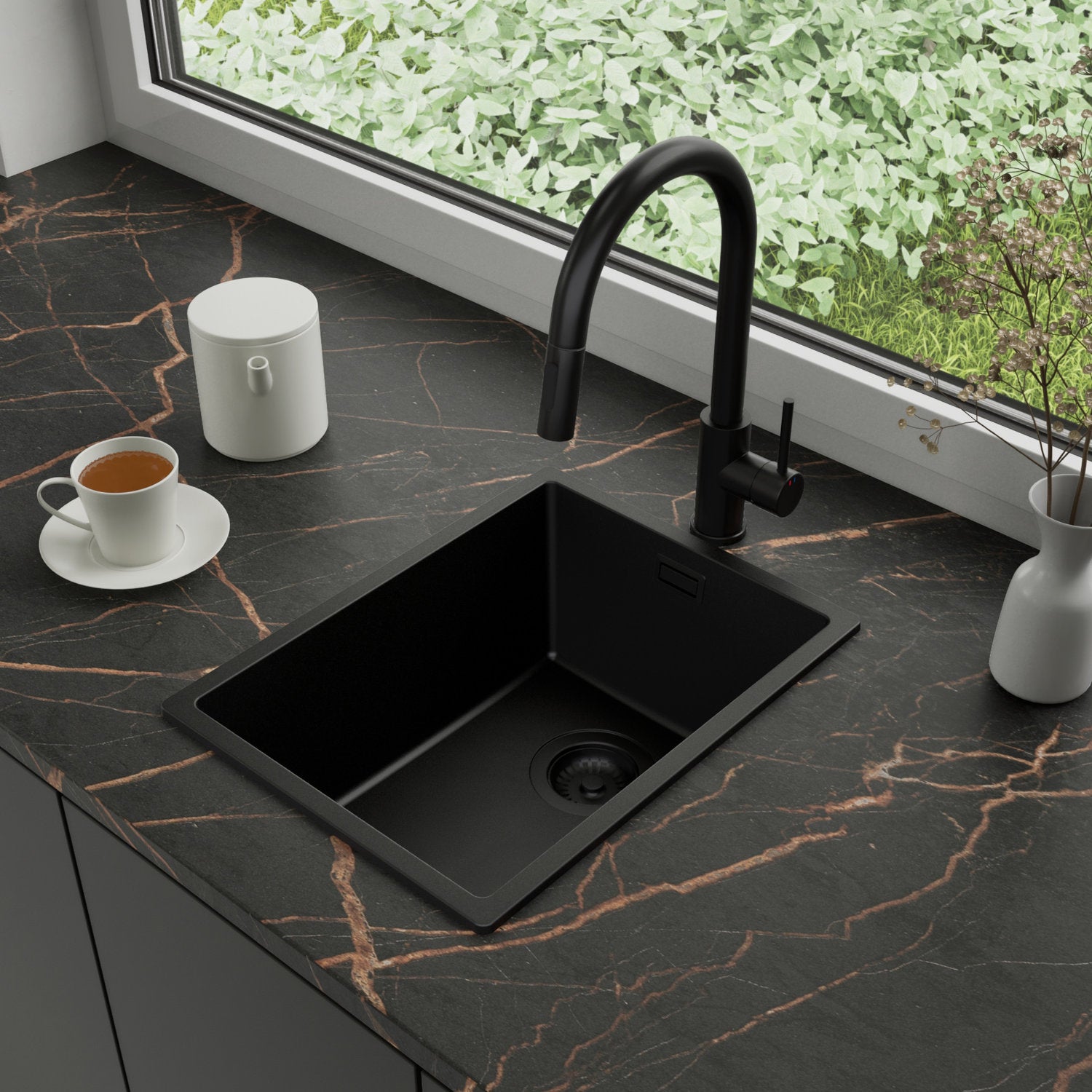 Zlewozmywak Granitowy 36x47cm, do szafki od 40cm + Bateria + Syfon - Agate Cały Czarny STONESTYLE