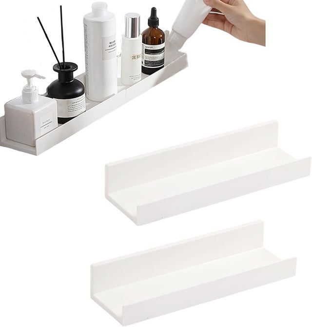 Estantes de pared blancos, juego de 2 estantes autoadhesivos, sin necesidad de taladrar, ideales para baño, cocina, salón, dormitorio y oficina.