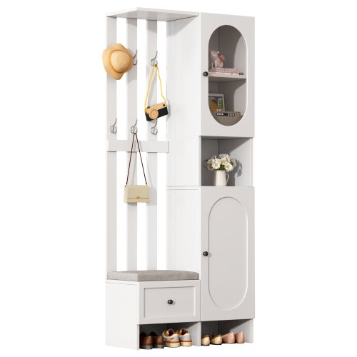 Ensemble entrée complet Bresle 4 pièces | Blanc/Naturel | Tronc, miroir, penderie, armoire | Style