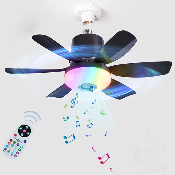Mini Wentylator Sufitowy z Wbudowanym Głośnikiem - Ściemnialne Światło LED RGB, 47 cm, 3 Prędkości - Pilot, E27, Timer - Do Salonu