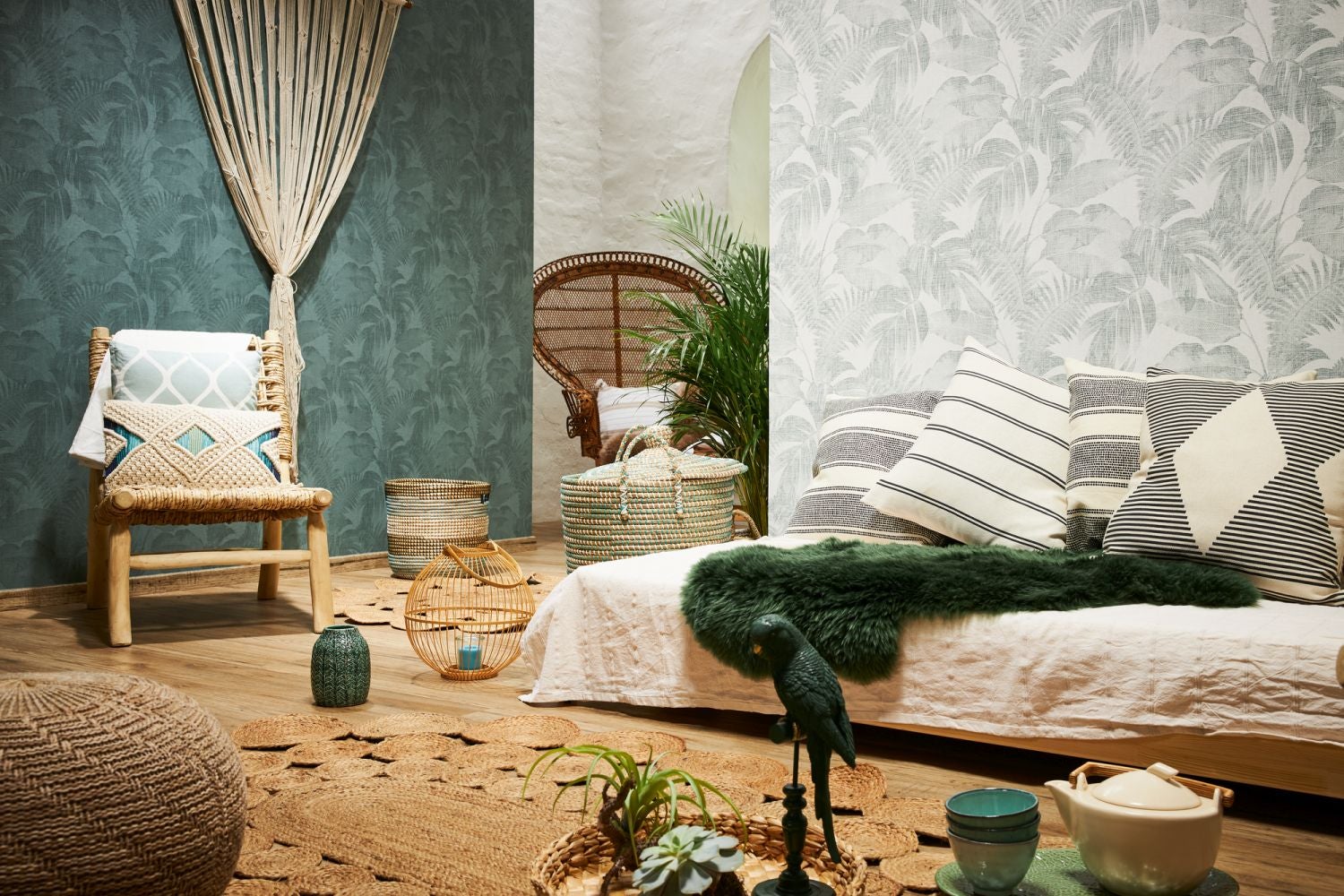 Papel pintado verde oscuro y blanco Papel pintado tropical con hojas de palmeras Papel pintado imitación tejido para interior elegante, 10,05 x 0,53 m - 8