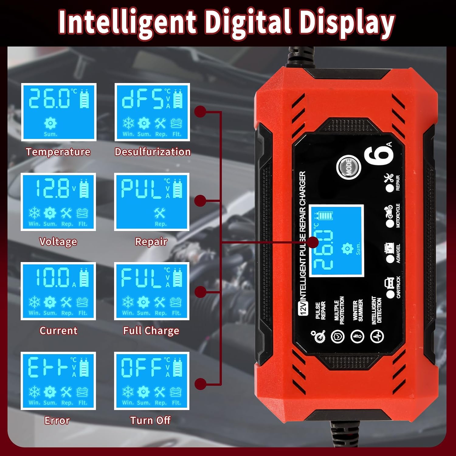 Caricabatterie per auto, caricabatteria intelligente da 12 V 6 A, caricabatteria per moto con display LCD, caricabatteria per auto, moto, camion, AG - 4