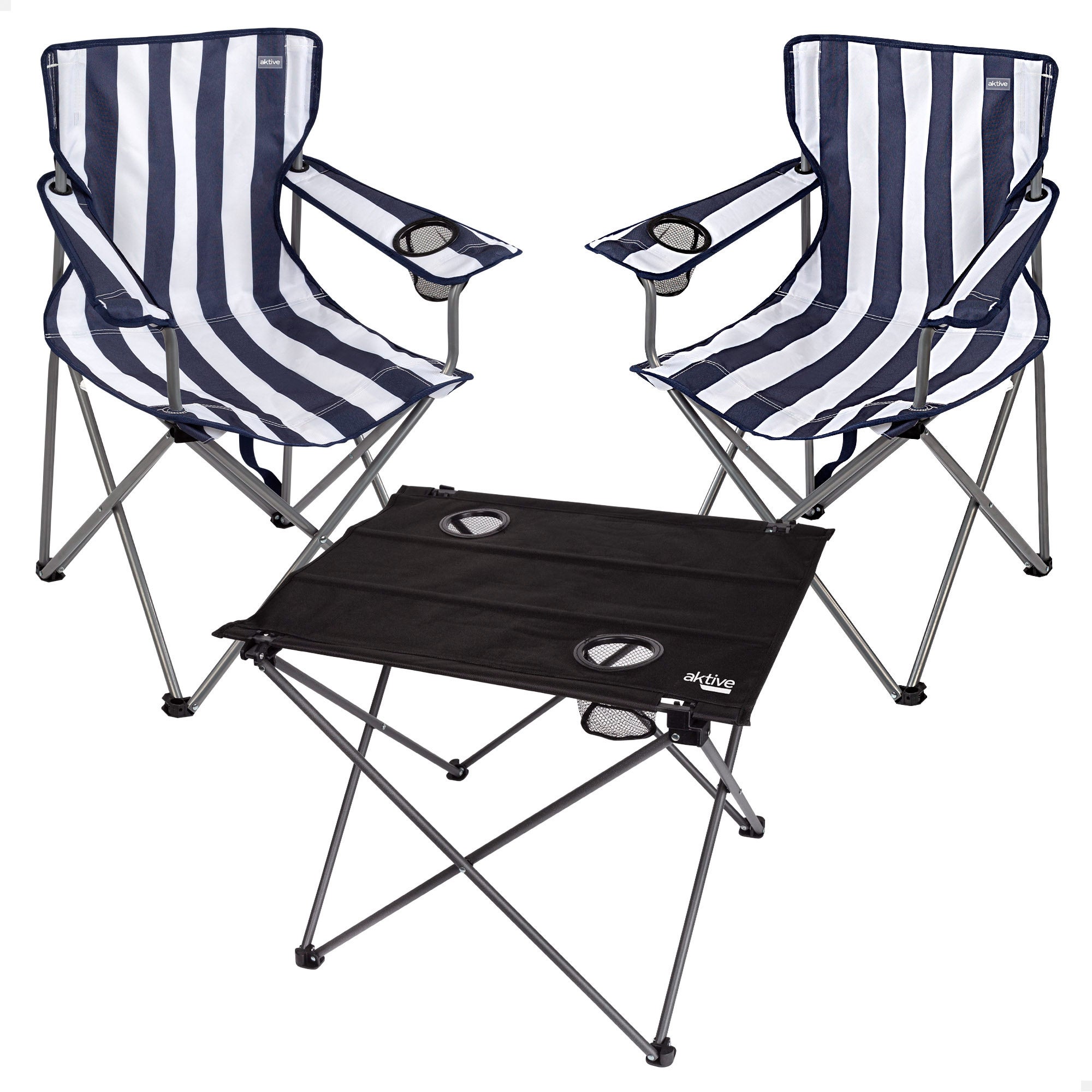 Pack 2 sillas camping 48x47x82 cm rayas y mesa plegable 61x50x51 cm