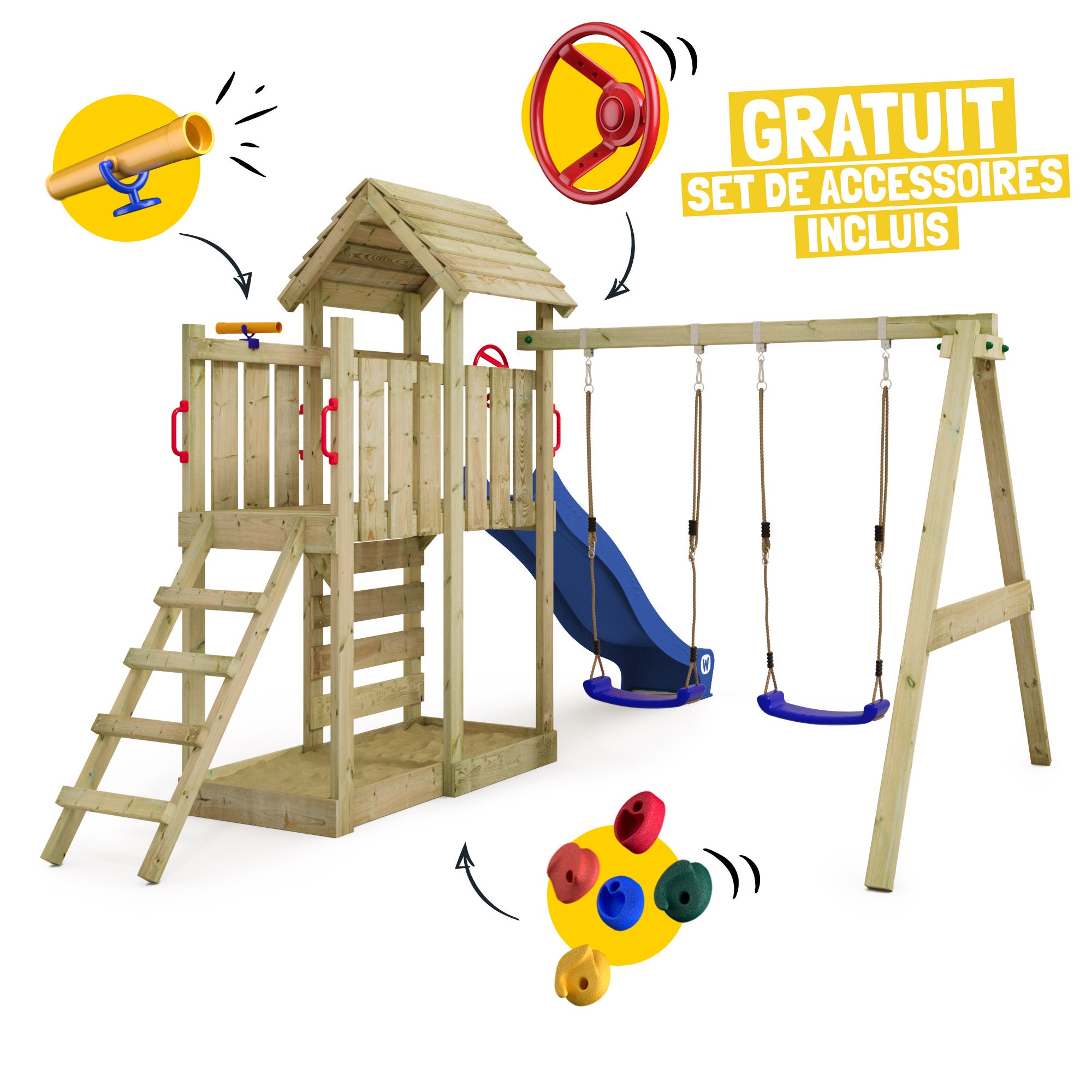 WICKEY Aire de jeux MultiFlyer HD avec toit en bois, balançoire double et toboggan vert pastel - 2