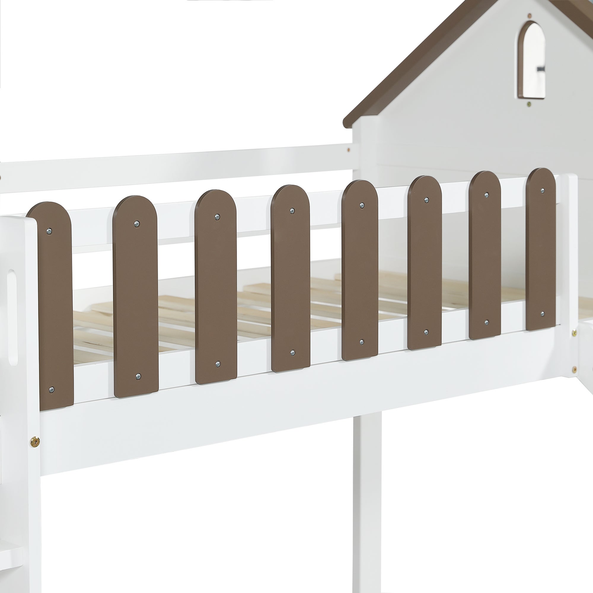 Lit mezzanine 90x200 cm avec échelle et toboggan - en bois de pin et MDF - Blanc & Marron - 6