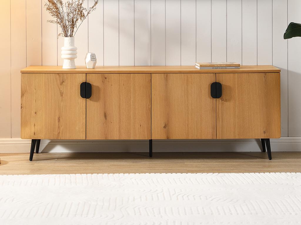 Meuble TV Moderne 160x38x44,5 Cm - 4 Portes, Poignées Dorées Et Gestion Des Câbles - Noir