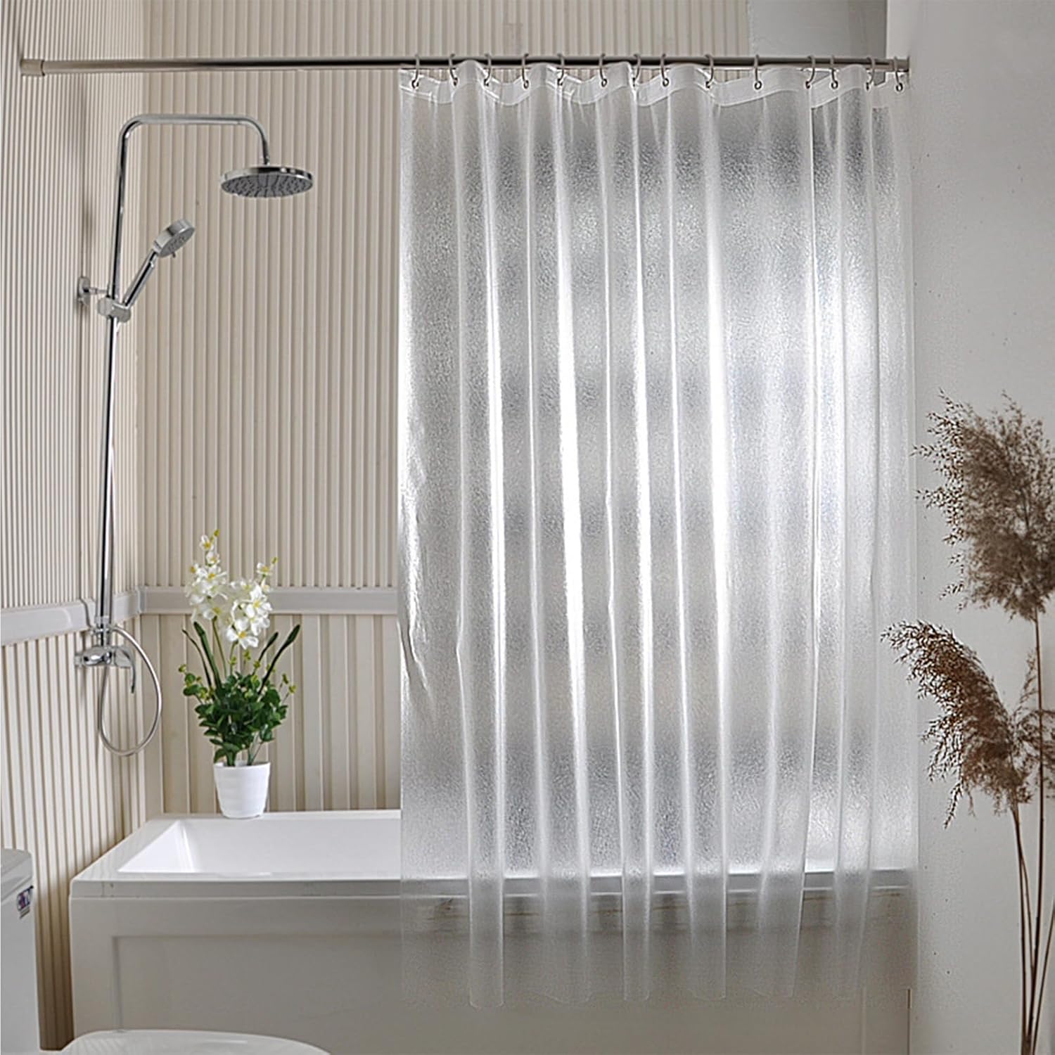 Furlinic, Tenda da doccia in tessuto di poliestere antimuffa, impermeabile, lavabile, di colore bianco, dotata di nastro piombato, adatta per ambienti umidi, 100 x 200 cm