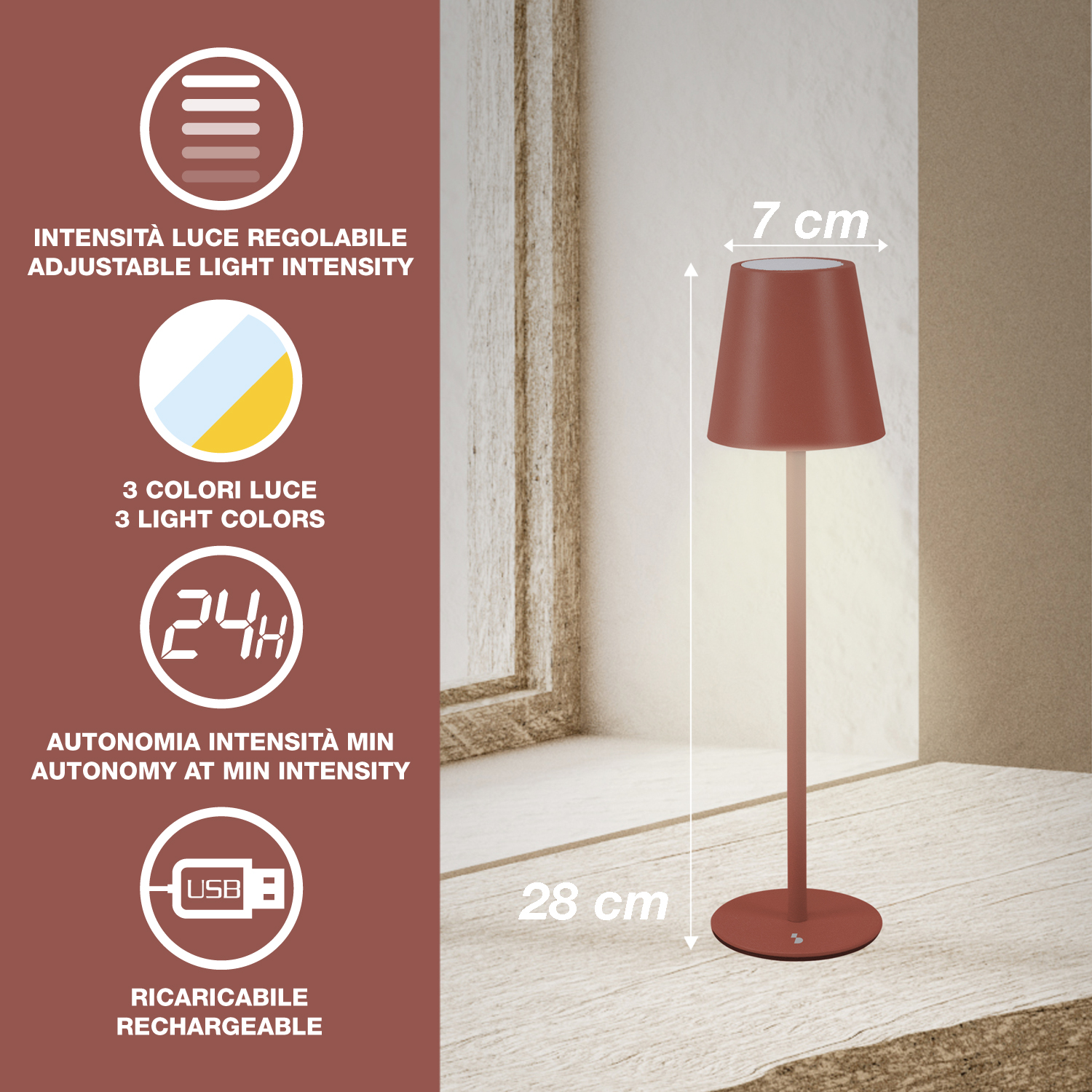 BEPER P207ILI204 Lampada da Tavolo Ricaricabile, Luce LED senza fili, Intensità Regolabile, USB Inclusa – Portatile per Scrivania, Comodino o Esterni - 2