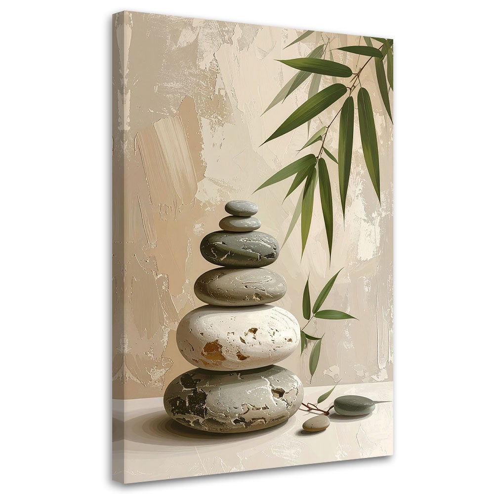 Obraz do salonu sypialni biura, Kamienie zen spa liście bambusa w beżu 40x60