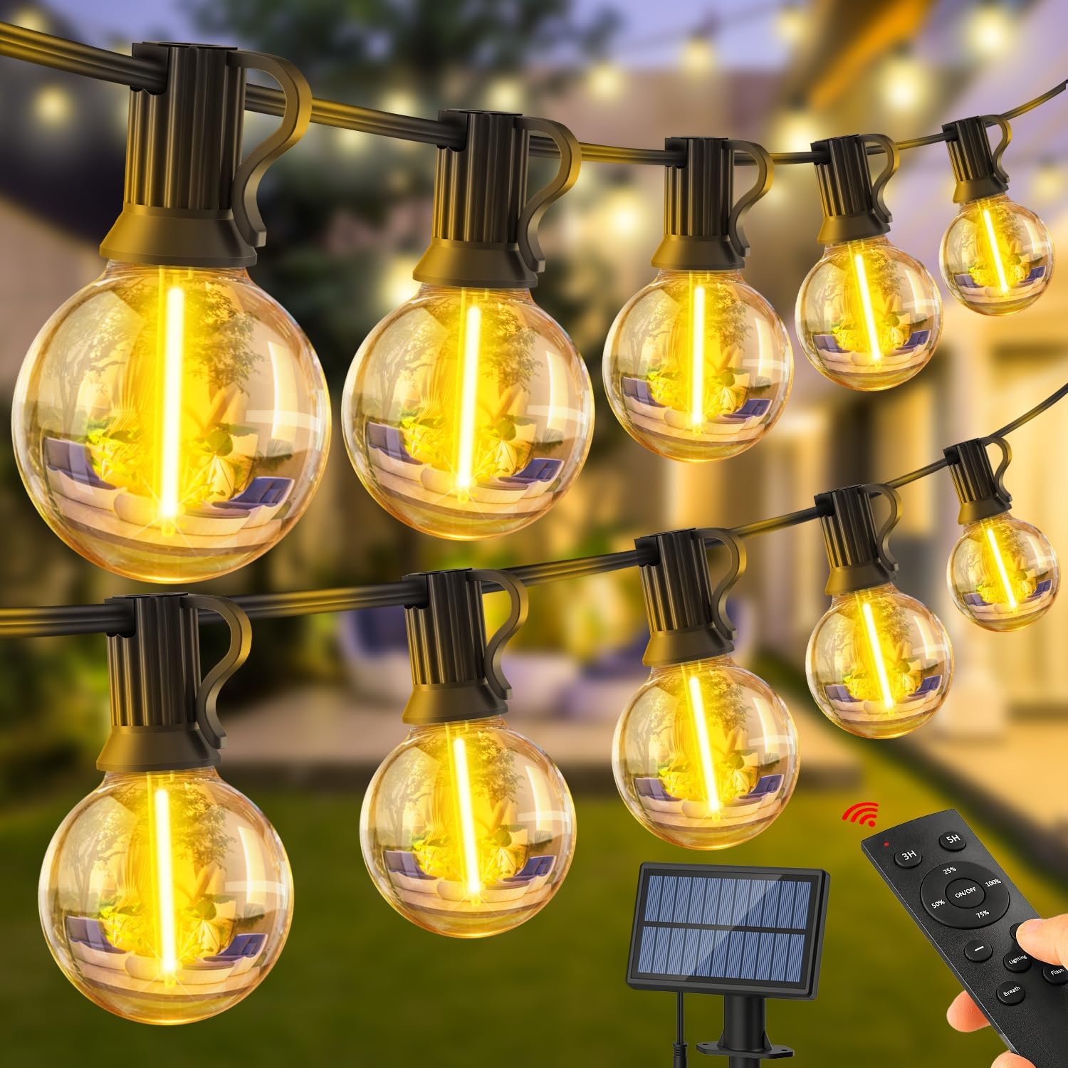 Oświetlenie solarne zewnętrzne: żarówka LED G40 o długości 15 m, oświetlenie solarne ogrodowe o długości 15 m z pilotem do altan ogrodowych, balkonó