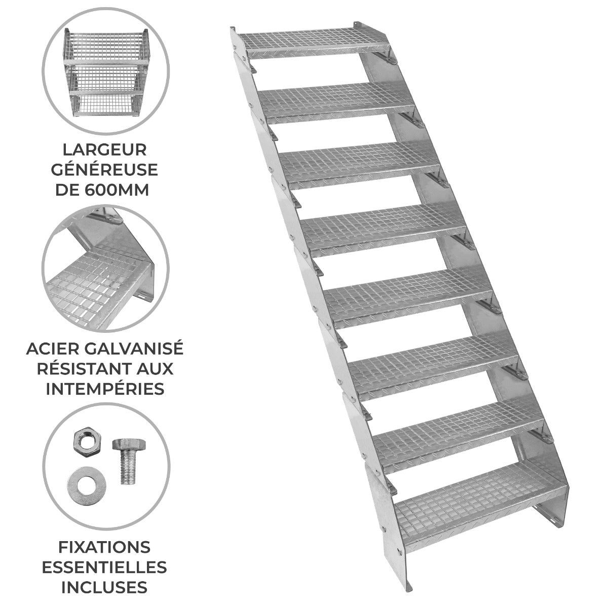 Scala in metallo a 8 elementi regolabile in altezza 60 cm / 600 mm di larghezza Acciaio zincato argento 8 gradini - 2