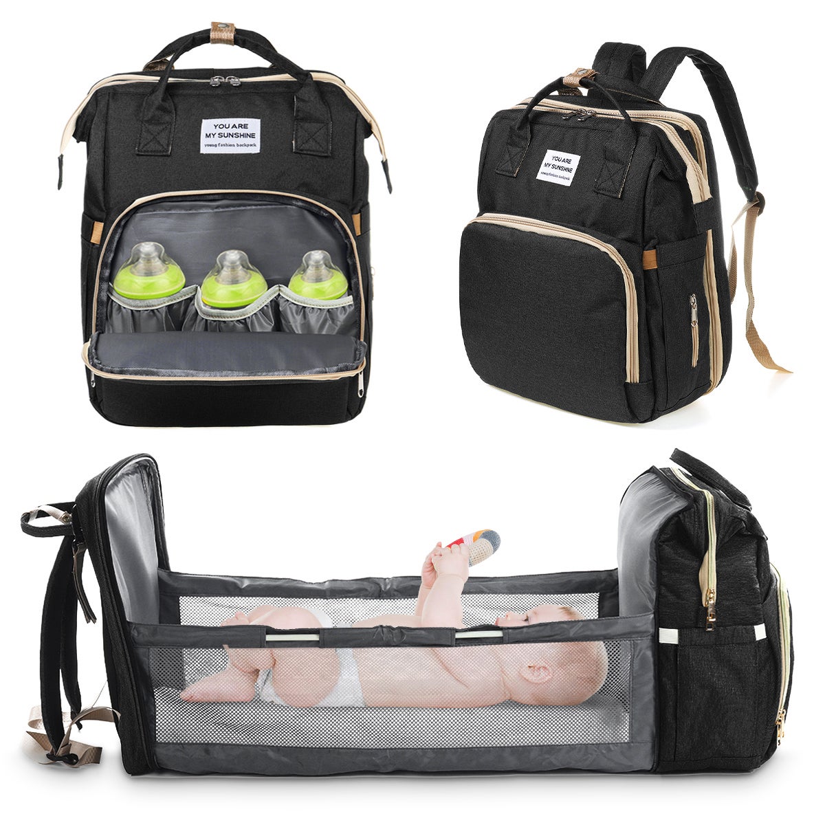 Hafmall Sac à Dos à Langer Imperméable à L'eau Sac de Bébé Voyage,Sac à langer Stylé de Grande Capacité avec Tapis à Langer et Crochets de Poussette (Noir