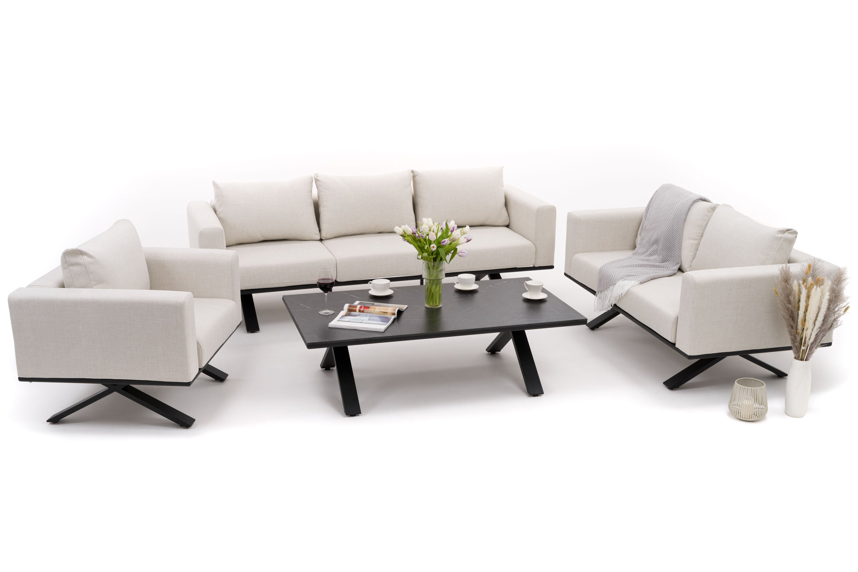 Zestaw mebli ogrodowych fotel sofa kanapa aluminiowy z blatem z płyty HPL MARABELLA beżowo czarny