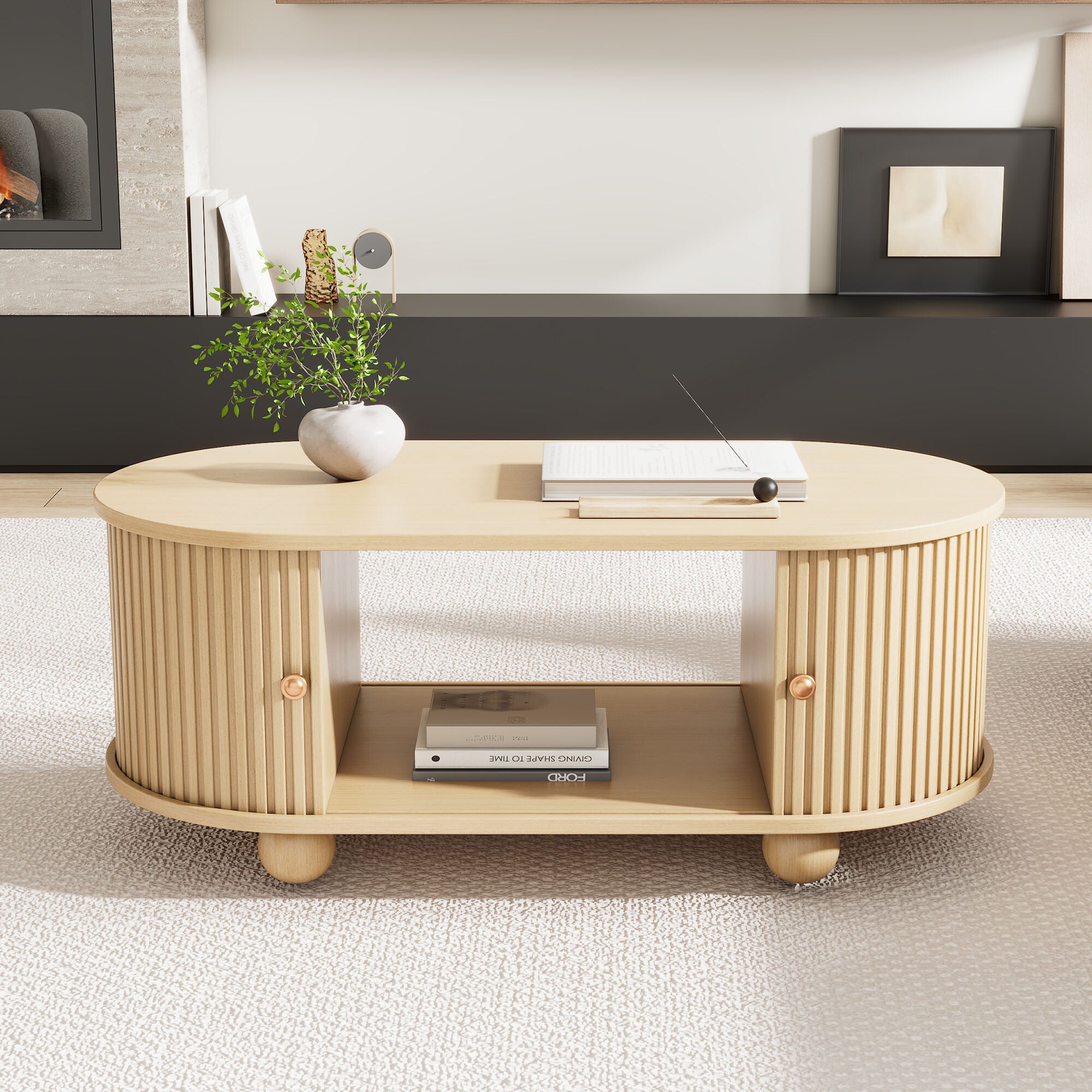 URBAN MEUBLE Table basse ovale effet bois clair 2 portes coulissantes multifonctionnel - 2