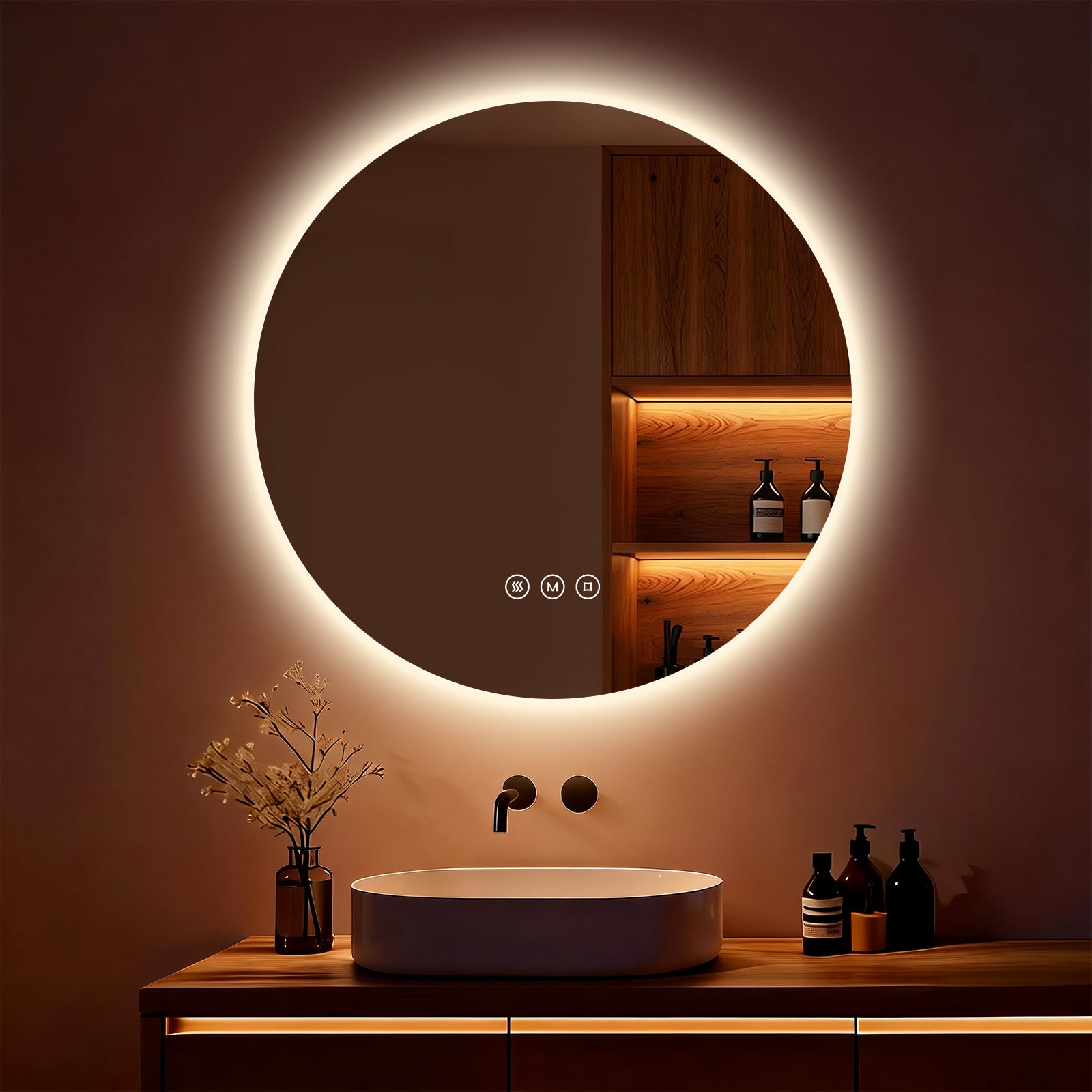 Lustro łazienkowe z oświetleniem LED okrągłe 60 cm, lustro łazienkowe z funkcją anti-fog, dotykowe, 3 kolory światła, pamięć