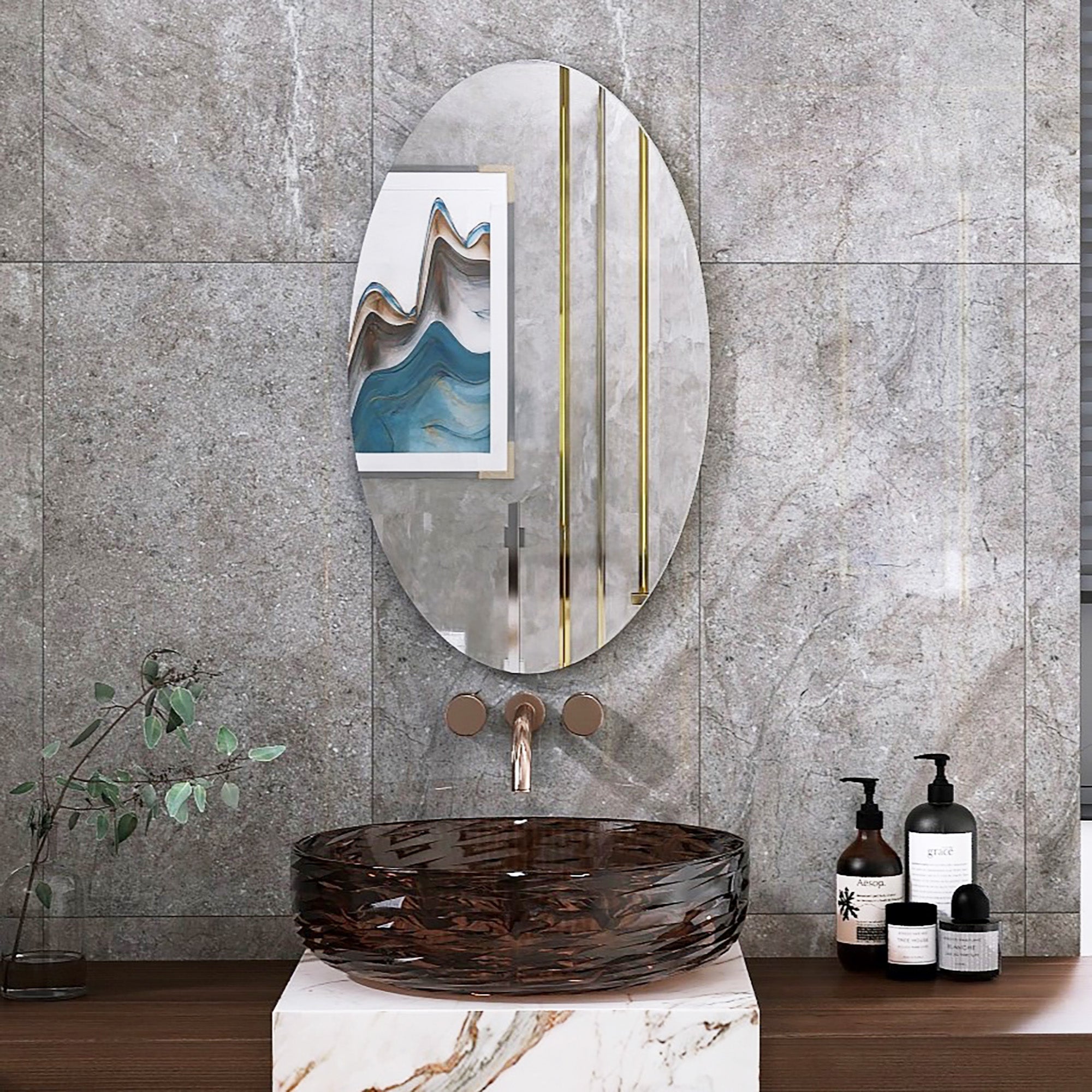 Specchio Ovale Senza Cornice Da Bagno 76x91 Cm - Bordo Smussato A Diamante, Design Moderno, Installazione Orizzontale O Verticale - 2