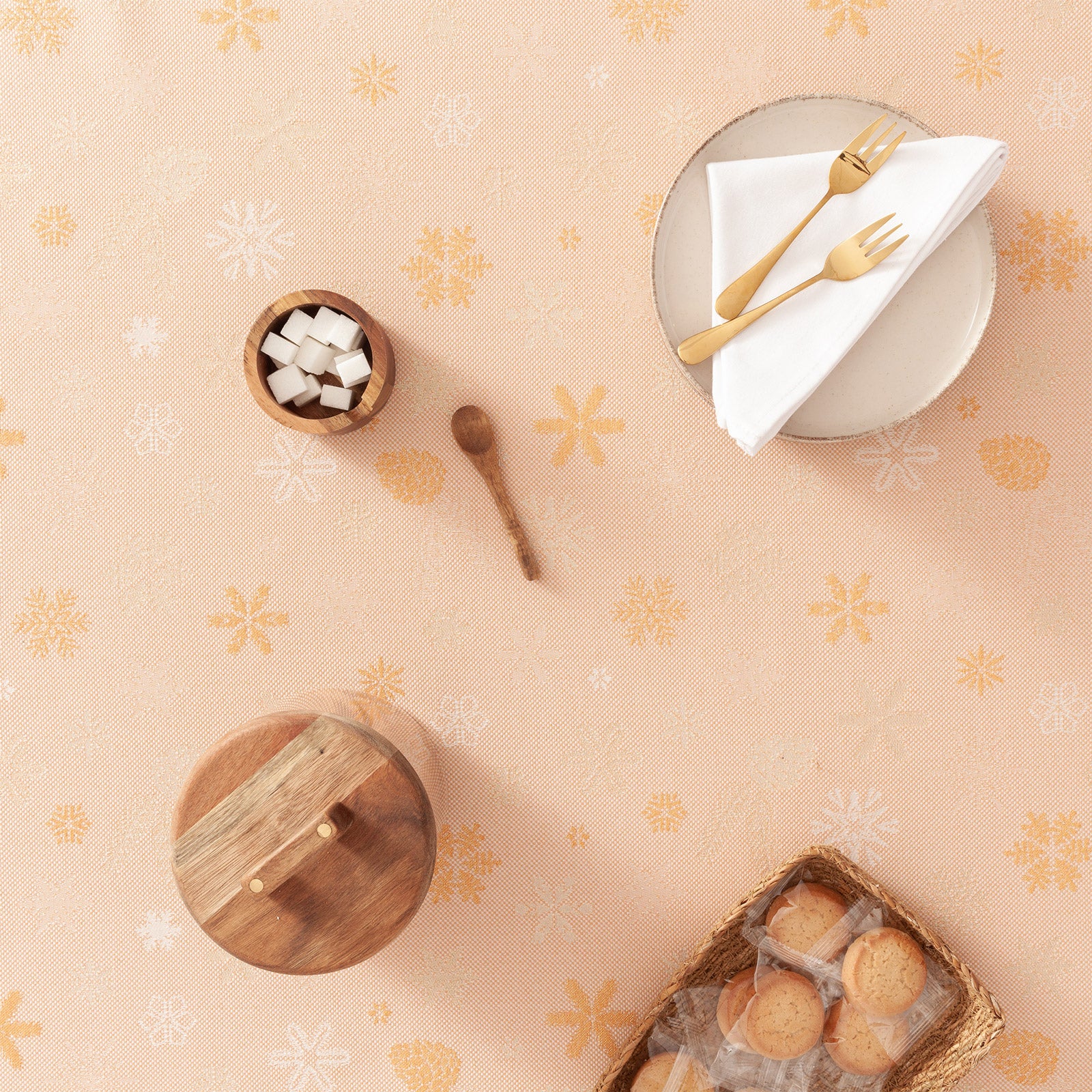 Tovaglia di Natale rettangolare in cotone jacquard arancione e oro 140x300 cm - Flake - 3