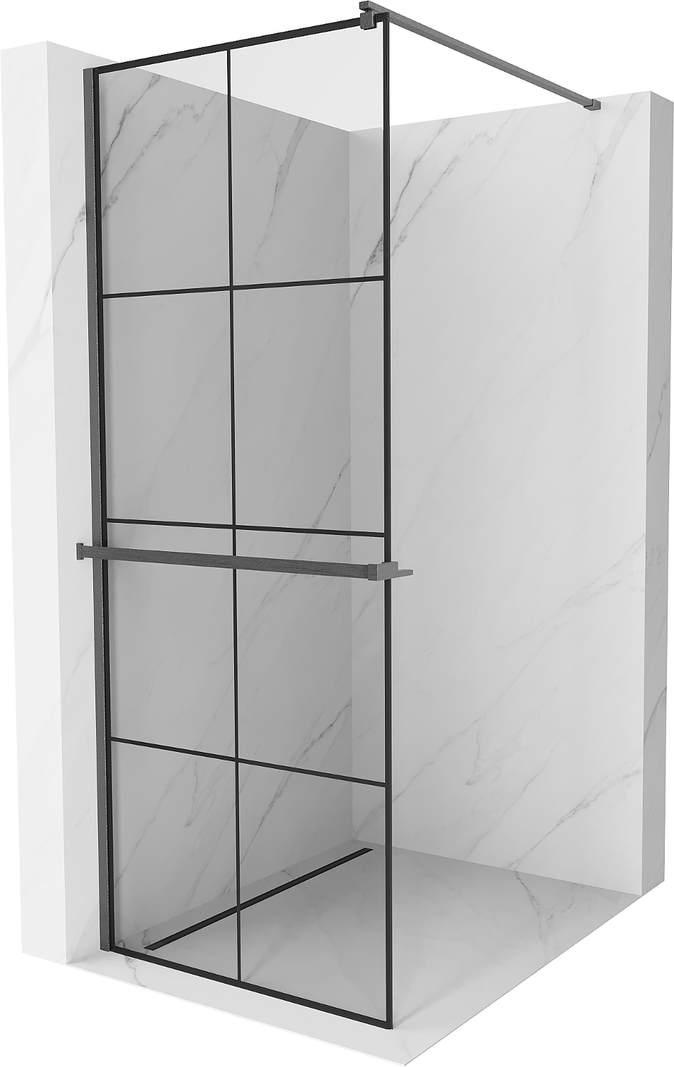 Mexen Kioto+ ścianka prysznicowa z półką Walk-in 80 x 200 cm, czarna kratka, gun gray szczotkowany - 800-080-121-66-77