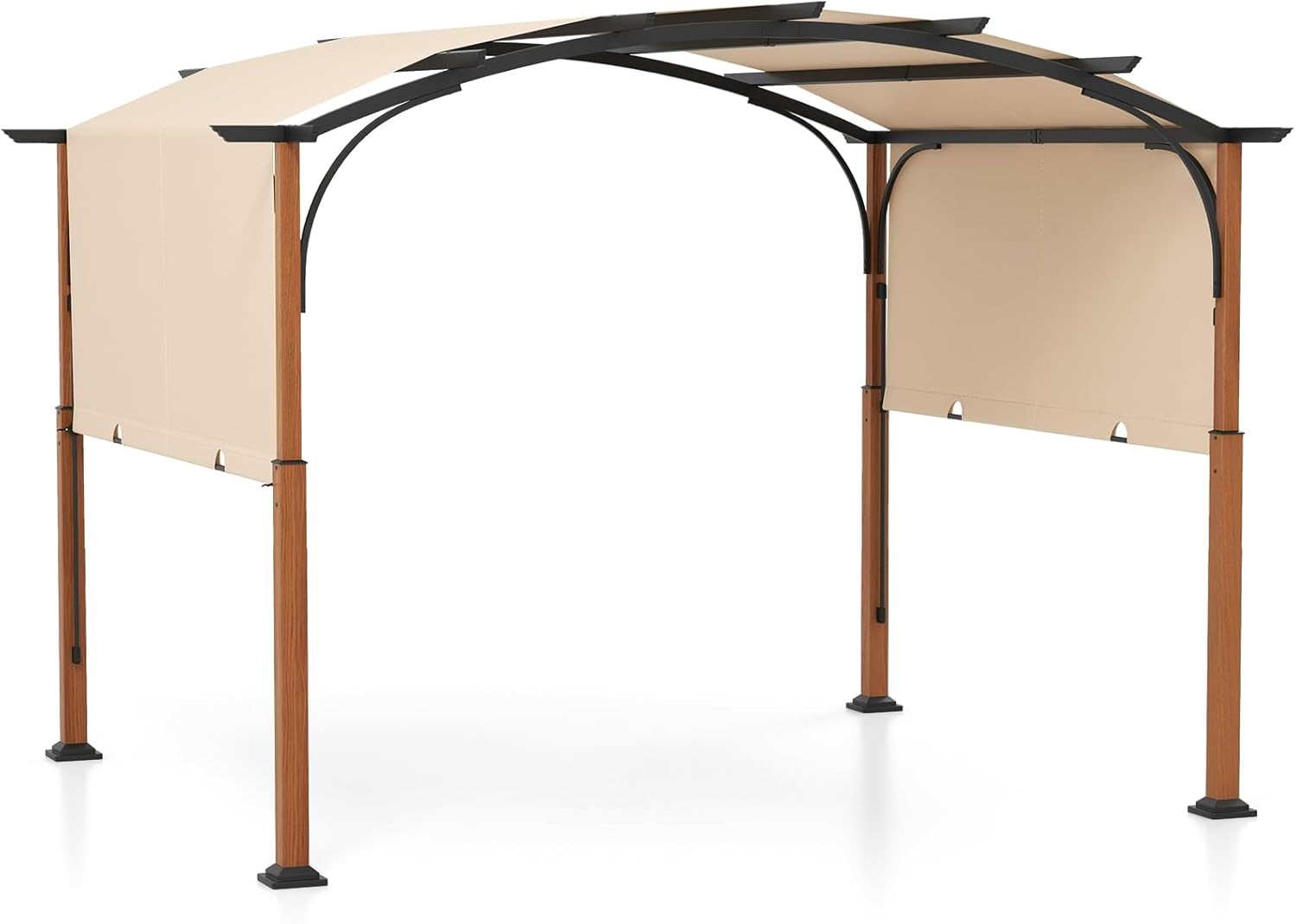 Pergola Rozsuwana 360 x 300 cm, Pergola Tarasowa Łukowa z Regulowanym Daszkiem, Kołki do Ziemi, Metalowa Rama, Daszek Tarasowy (Beżowy)