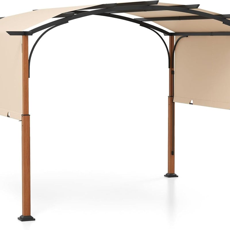 Pergola Rozsuwana 360 x 300 cm, Pergola Tarasowa Łukowa z Regulowanym Daszkiem, Kołki do Ziemi, Metalowa Rama, Daszek Tarasowy (Beżowy)