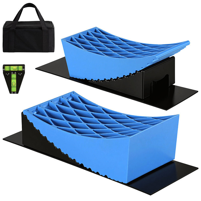 2x Okrągłe kliny pod koła, 32 x 15,2 x 11 cm, nośność 13,5 t, z matą i poziomnicą w kształcie litery T, kształt rombu