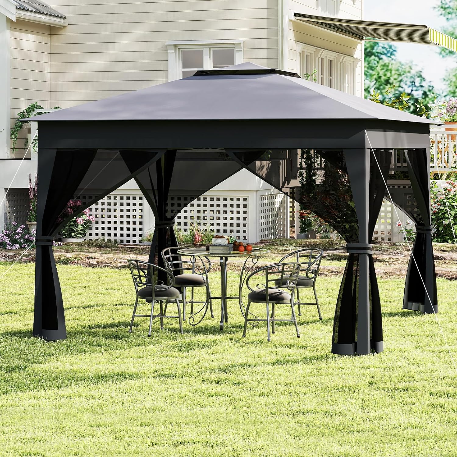 Tonnelle Pliante 3x3 avec Moustiquaire, Tonnelle de Jardin Extérieur, Toit Double en Oxford, Hauteur Réglable, Barnum Pliant avec Sac Transport (Gris) - 2