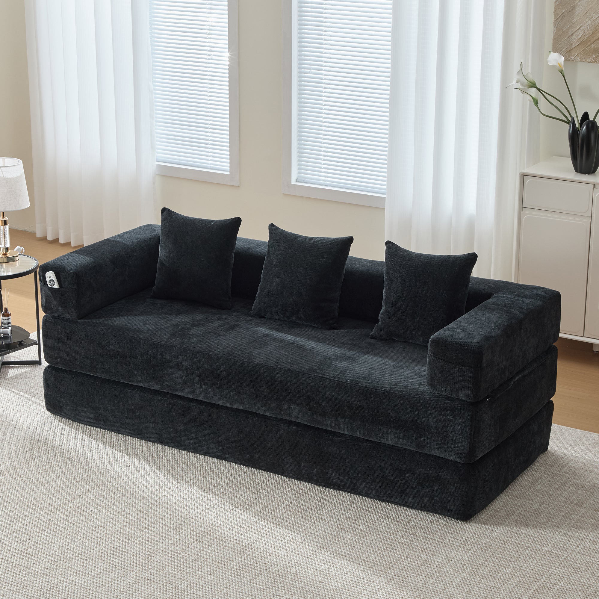 Sofa 2-osobowa z funkcją spania i kieszeniami bocznymi - 198 x 79 x 60 cm - Tkanina szenilowa - Czarna