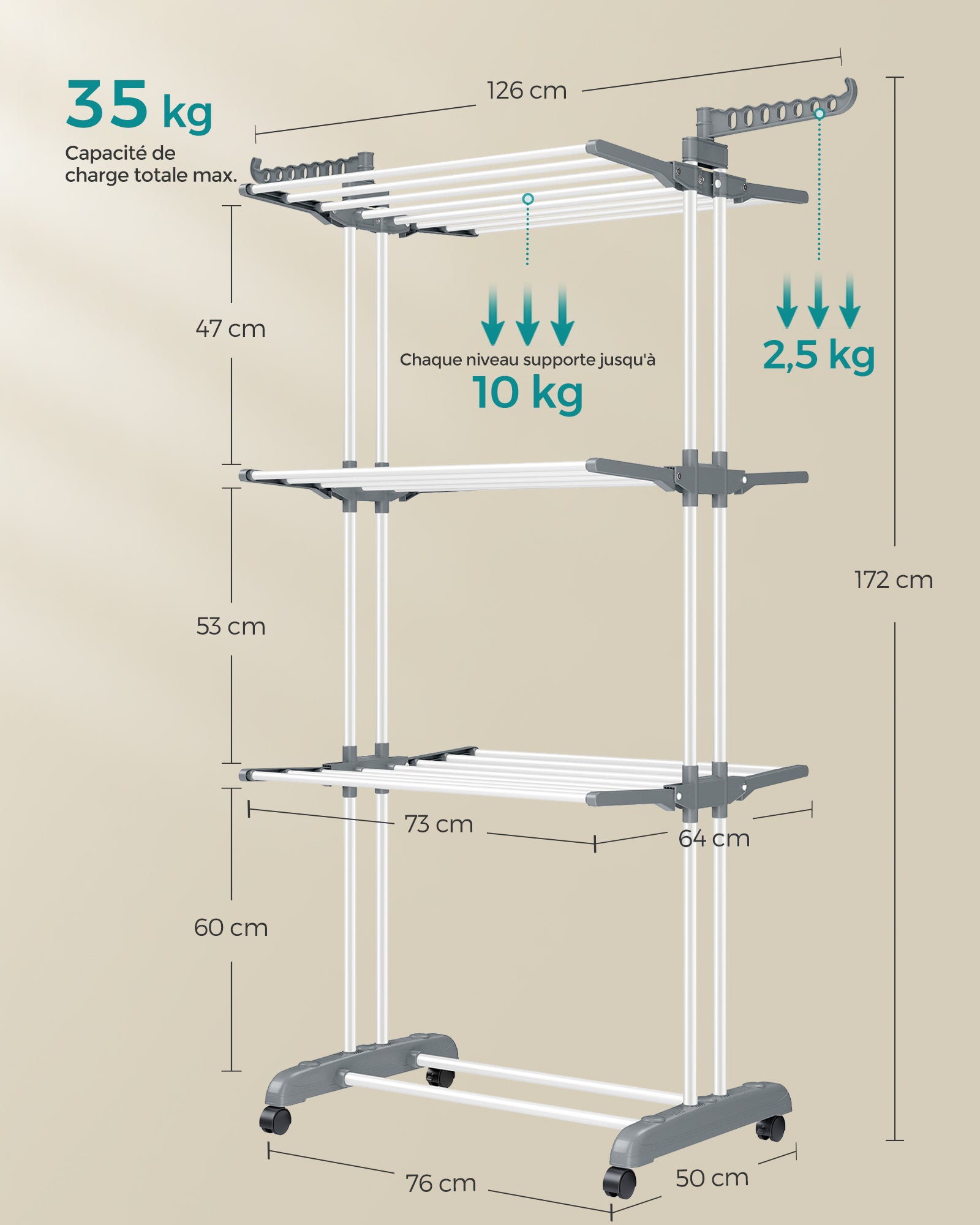 SONGMICS Étendoir à Linge, Séchoir Mobile à 4 Niveaux, avec roulettes, Pliable, 64 x 126 x 172 cm, Utilisation Intérieure et Extérieure, Blanc - 4