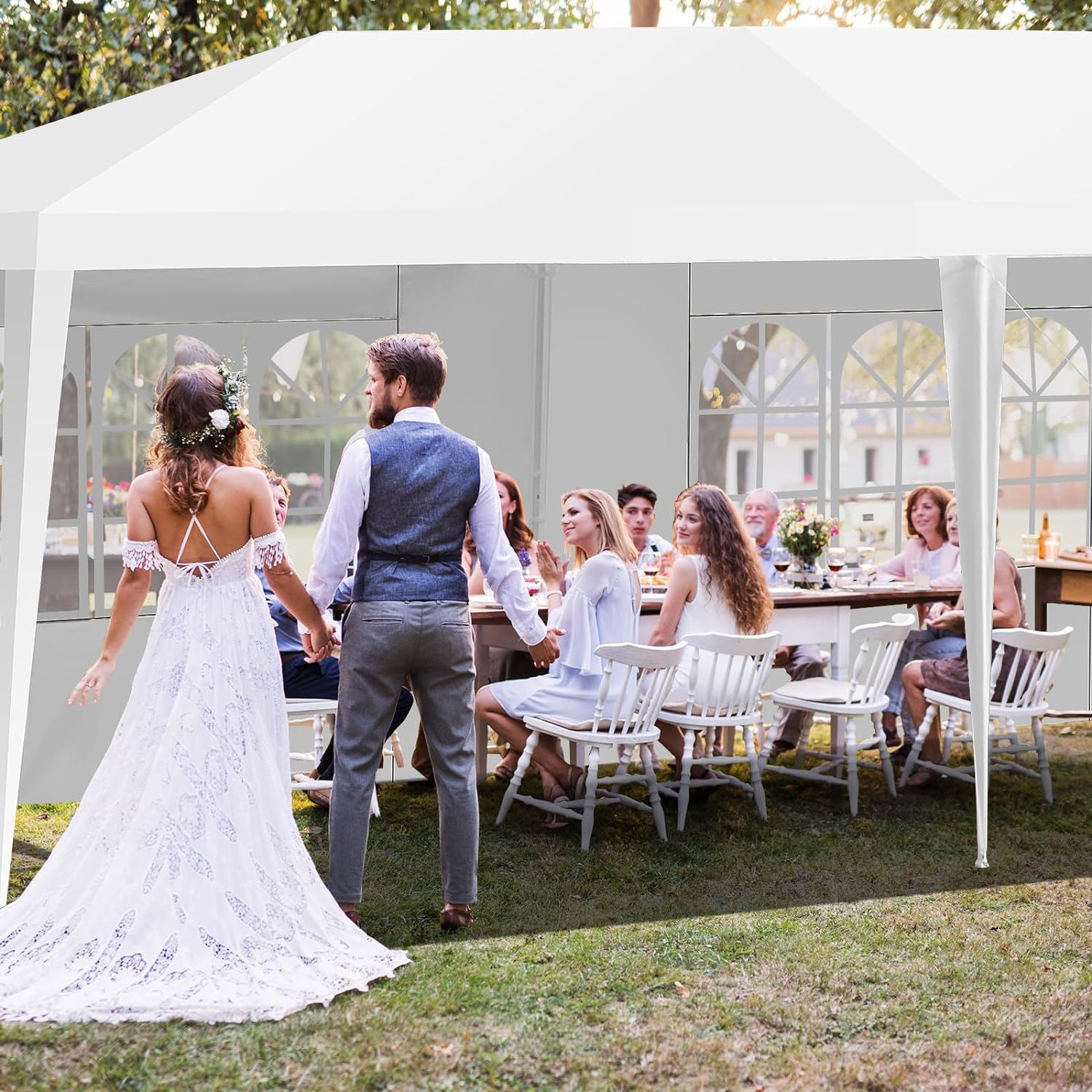 Tonnelle de Jardin 3x9m inclut 6 Murs Amovibles avec Fenêtre sur Côté, Abri Robuste avec Piquets de Terre - 2